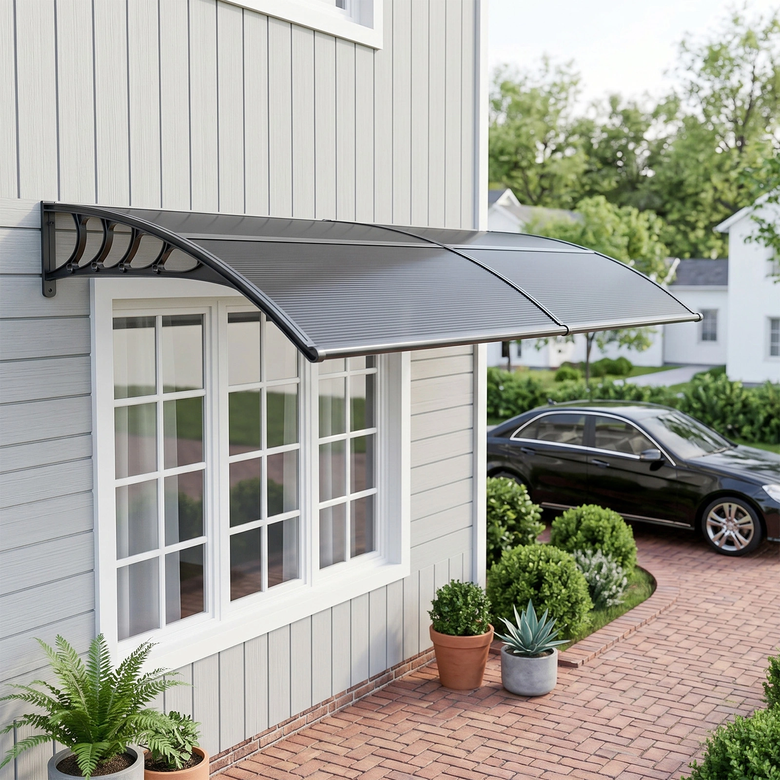 Awning for Door Entrance with Drainage Sink, 40x80 Inch Window Canopy Exterior, UV Rain Snow Protection for House Porch Patio Deck, Black Bracket & Brown Board view 19