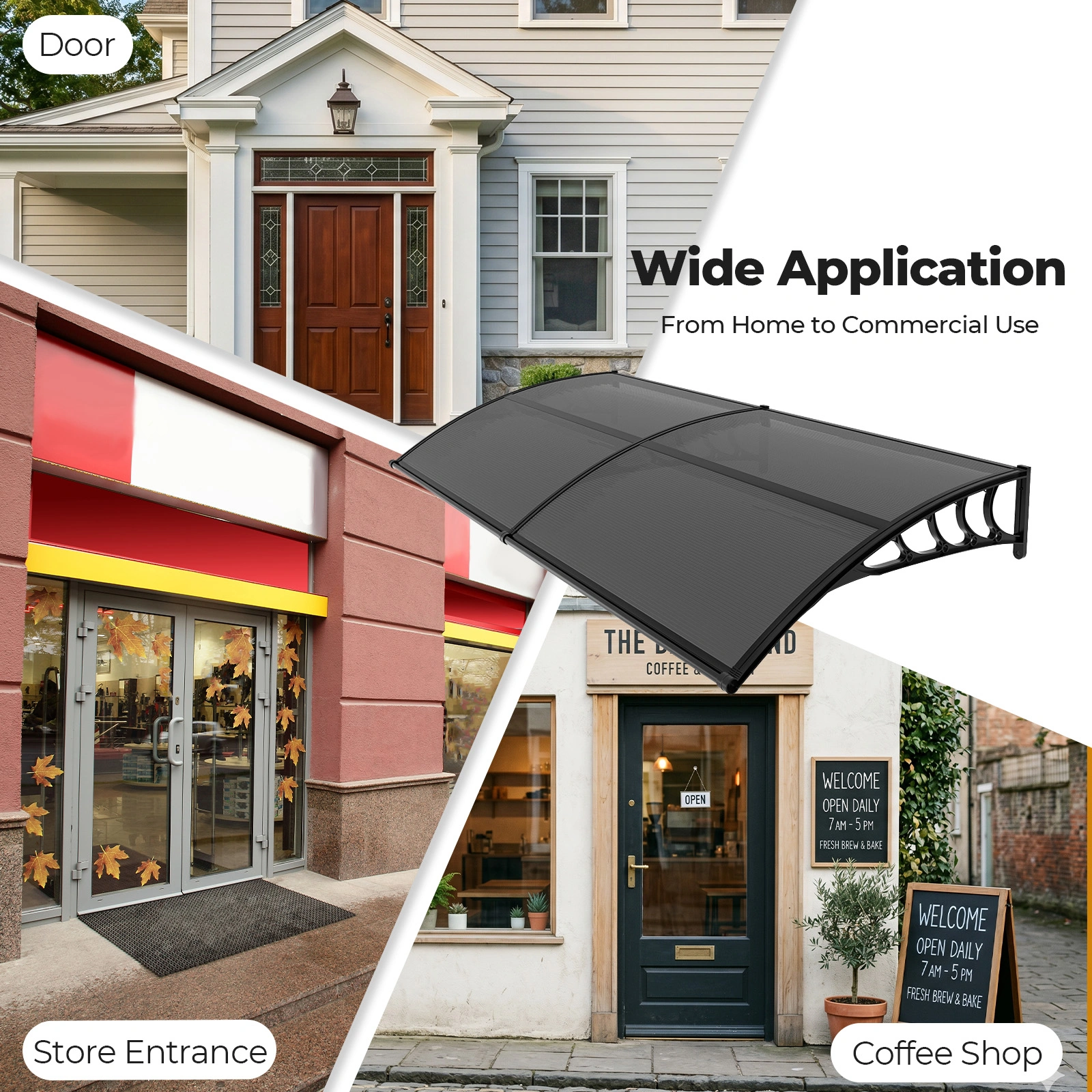 Awning for Door Entrance with Drainage Sink, 40x80 Inch Window Canopy Exterior, UV Rain Snow Protection for House Porch Patio Deck, Black Bracket & Brown Board view 4
