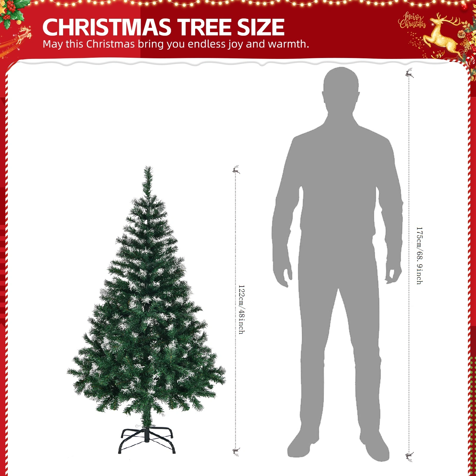 4ft Artificial Snow-Tipped Christmas Tree Unlit, 300 Branch Tips, Sturdy Metal Stand, Full Pine Holiday Decor, Green view 2
