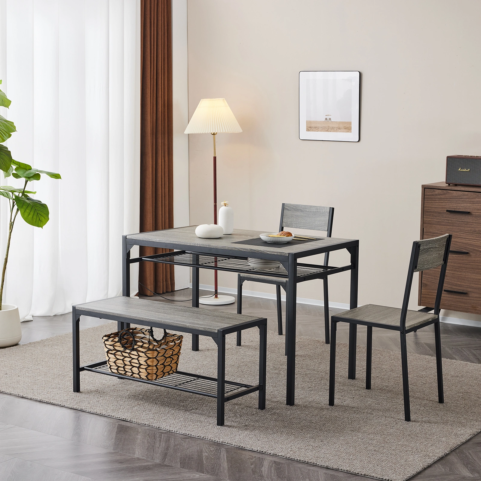 Dining Table Set for 4, Kitchen Table with 2 Chairs and a Bench, 4 Piece Kitchen Table Set for Small Space, Home Kitchen Bar Pub Apartment, Gray view 28