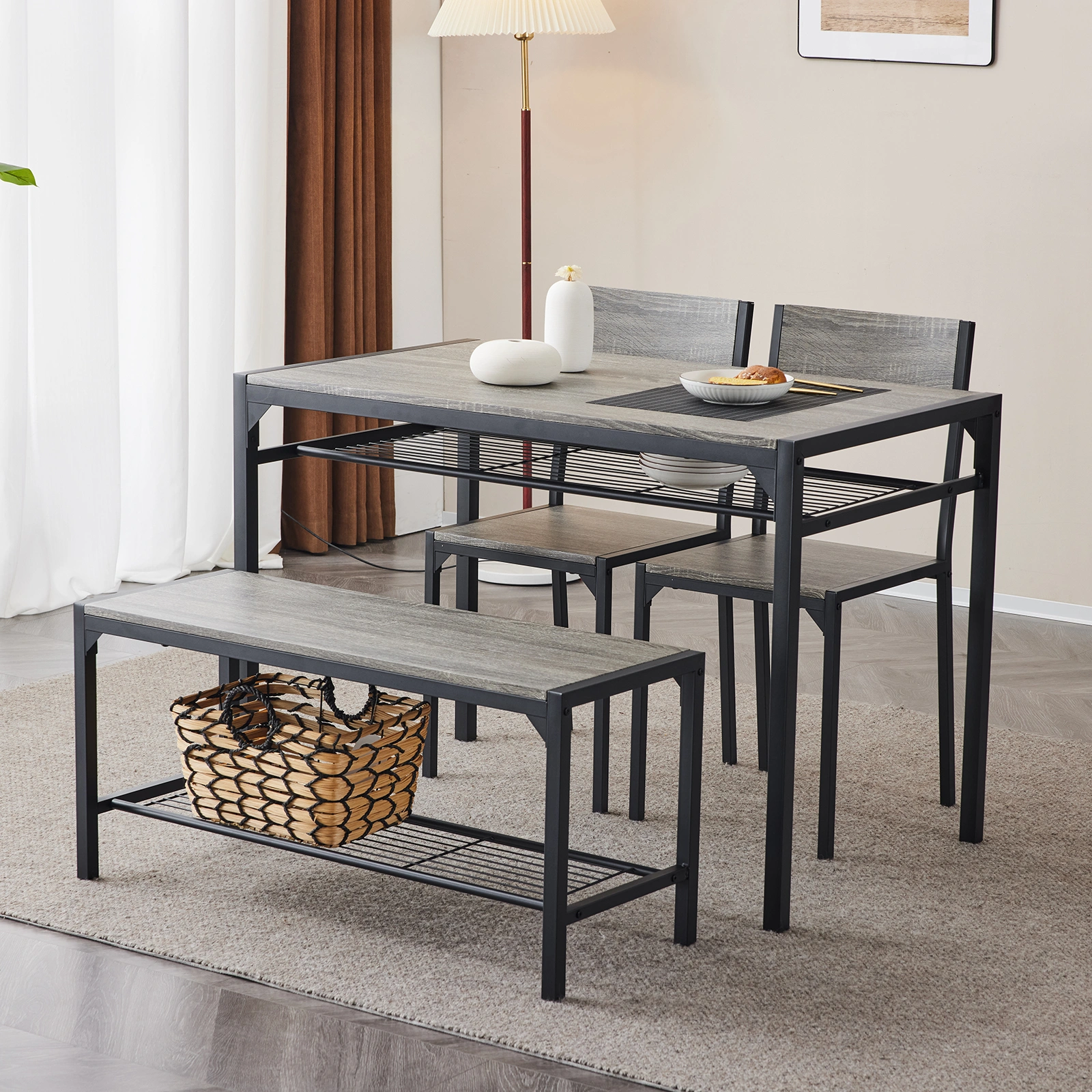 Dining Table Set for 4, Kitchen Table with 2 Chairs and a Bench, 4 Piece Kitchen Table Set for Small Space, Home Kitchen Bar Pub Apartment, Gray view 31