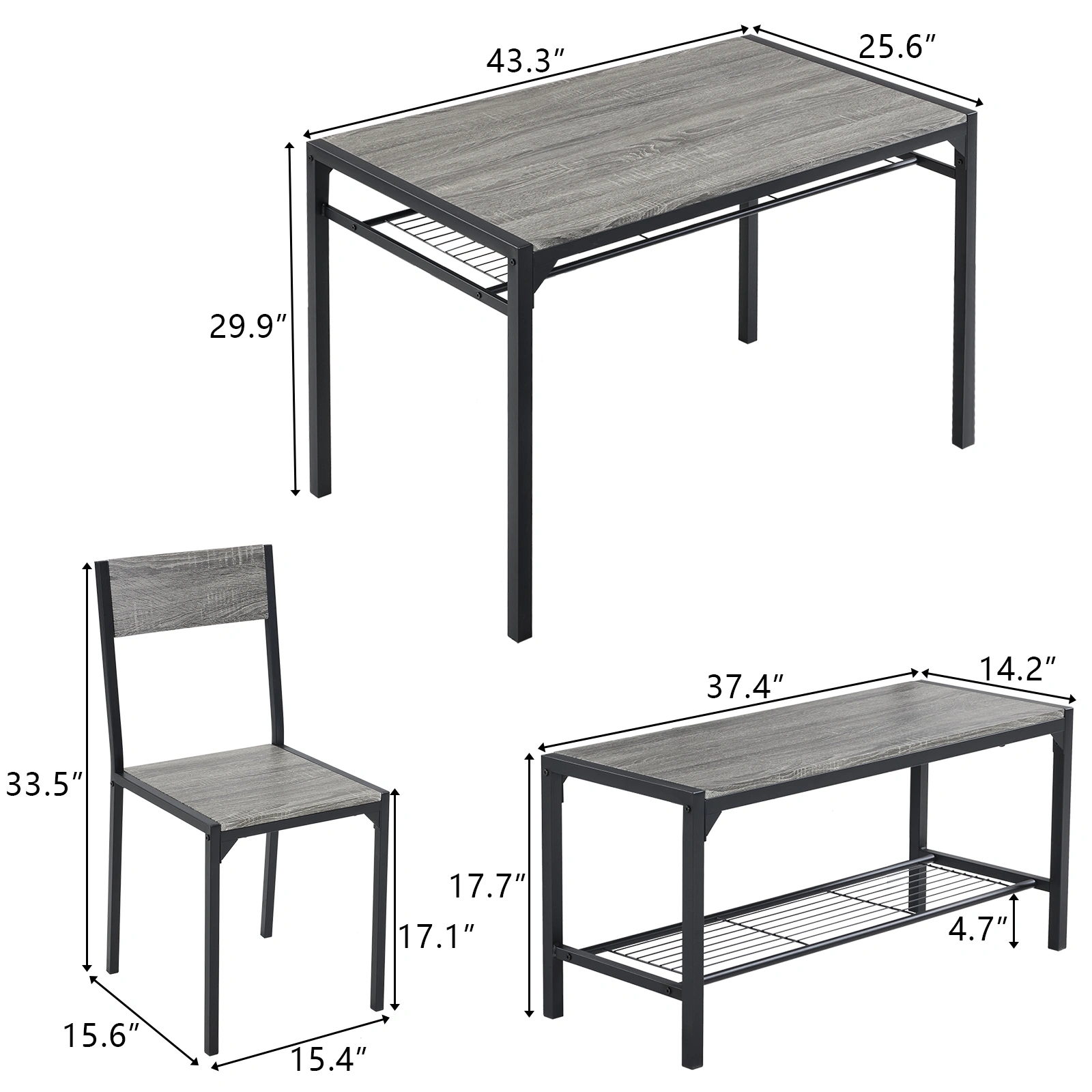 Dining Table Set for 4, Kitchen Table with 2 Chairs and a Bench, 4 Piece Kitchen Table Set for Small Space, Home Kitchen Bar Pub Apartment, Gray view 4