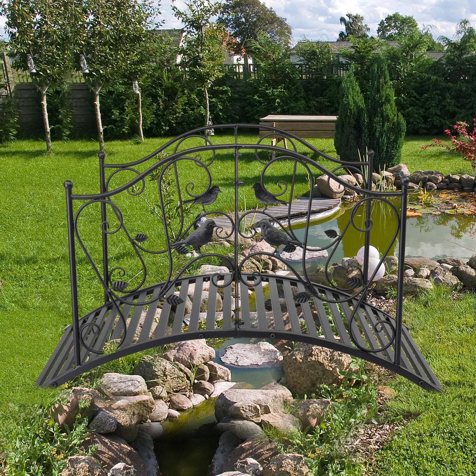119*67*71cm Courtyard With Bird Pattern Arched Handrail Courtyard Iron Bridge Black view 14