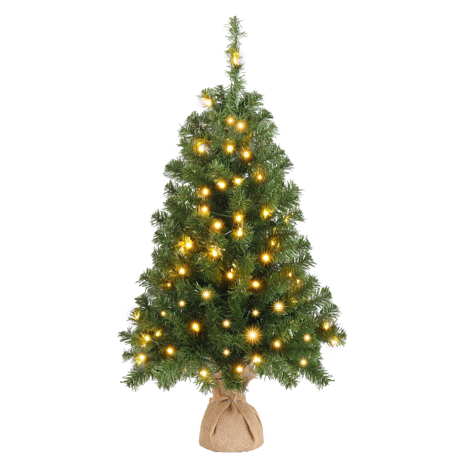 3 FT Artificial Christmas Tree with 150 Branches, PVC Green Xmas Tree Topper Stars Linen Base, 100 Warm White Lights, 8 Mode Battery Operated
