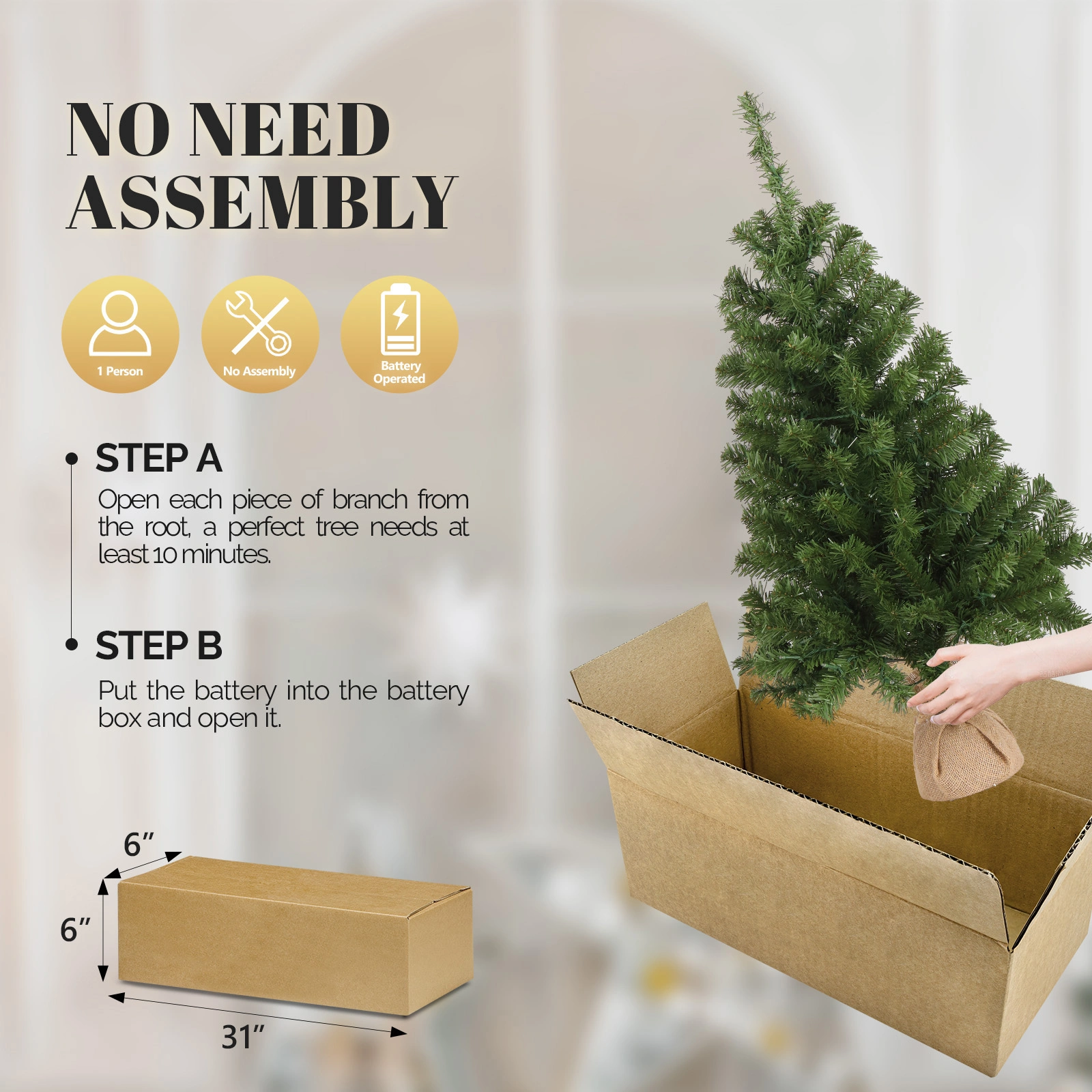 3 FT Artificial Christmas Tree with 150 Branches, PVC Green Xmas Tree Topper Stars Linen Base, 100 Warm White Lights, 8 Mode Battery Operated view 2