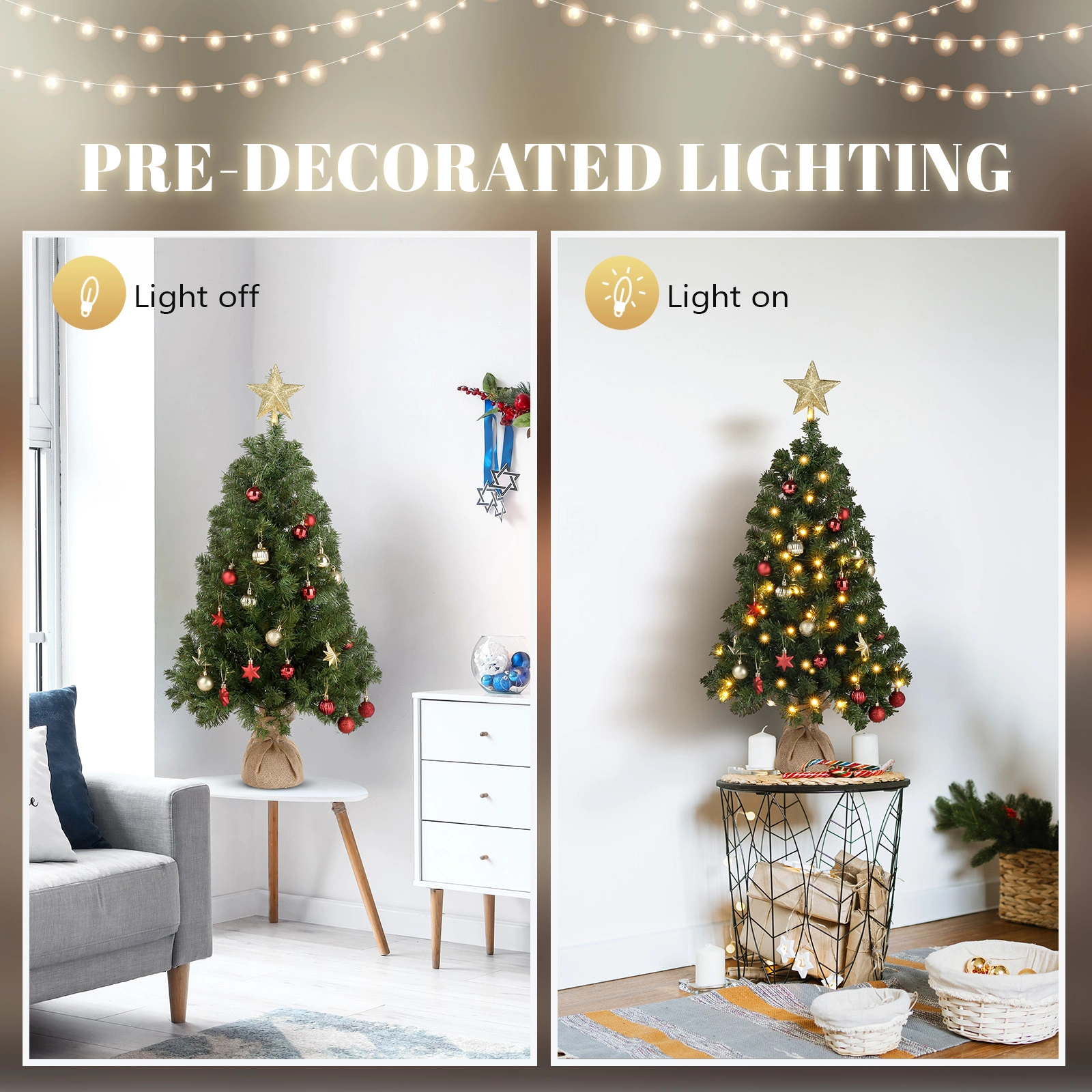 3 FT Artificial Christmas Tree with 150 Branches, PVC Green Xmas Tree Topper Stars Linen Base, 100 Warm White Lights, 8 Mode Battery Operated view 3