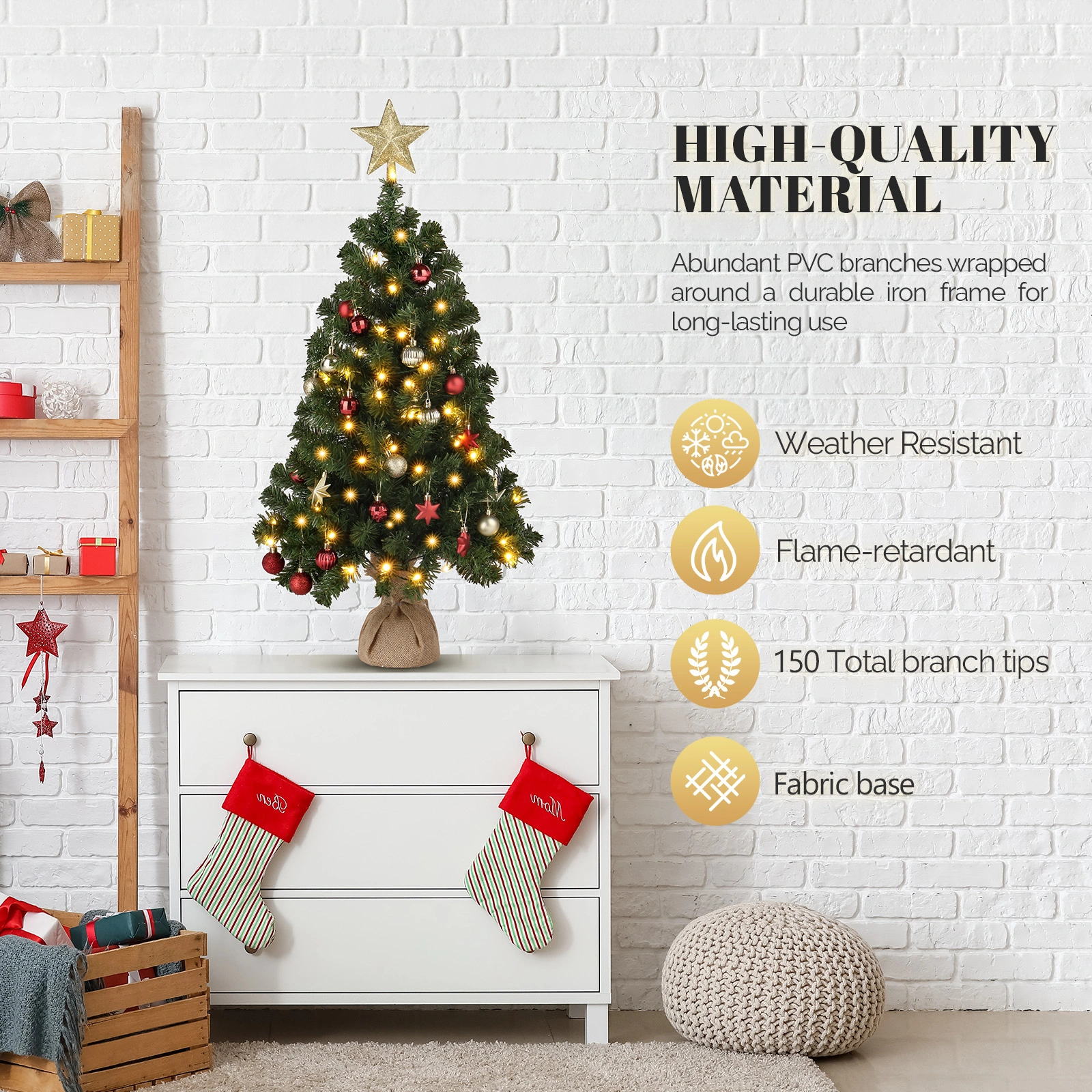 3 FT Artificial Christmas Tree with 150 Branches, PVC Green Xmas Tree Topper Stars Linen Base, 100 Warm White Lights, 8 Mode Battery Operated view 6