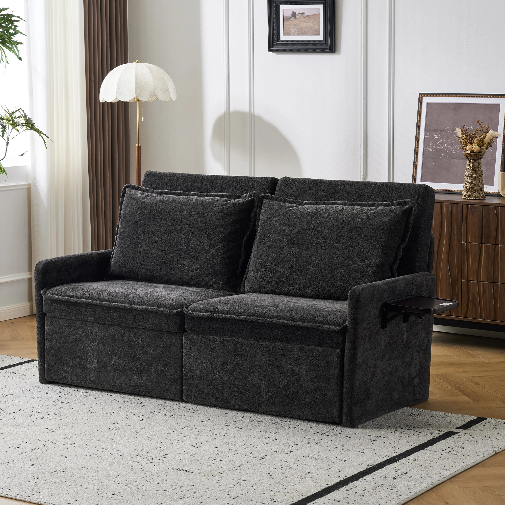 Sofa with Sleep Function Sleep Sofa with Cushions and USB, 3-in-1 Sofa&Couch with 5-Stage Adjustable Backrest, Foldable Sofa Bed with Storage, Chenille, Black