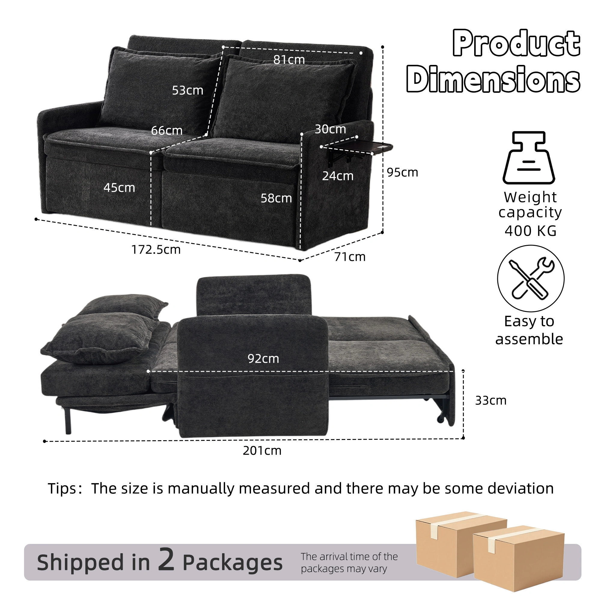Sofa with Sleep Function Sleep Sofa with Cushions and USB, 3-in-1 Sofa&Couch with 5-Stage Adjustable Backrest, Foldable Sofa Bed with Storage, Chenille, Black view 3