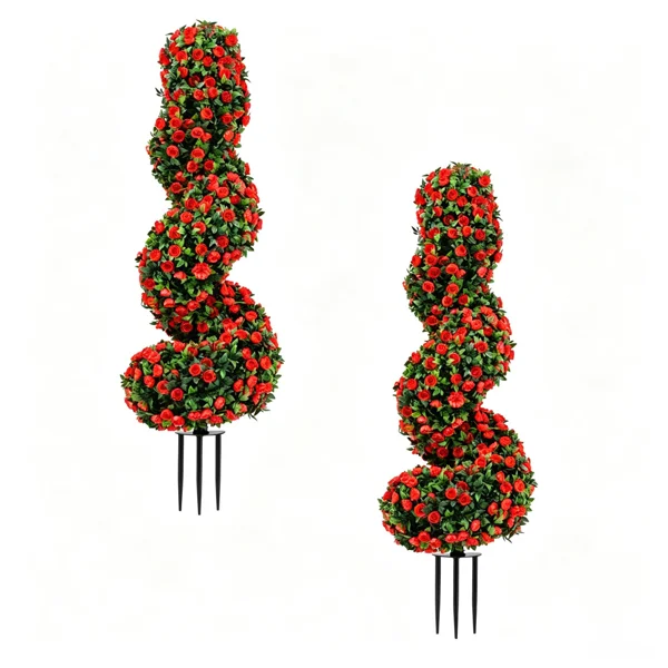 2 Pack Realistic Lifelike Faux Spiral Plant, All-Weather PE Artificial Flower Shrub for Indoor Outdoor Home Garden Decoration - Red view 2