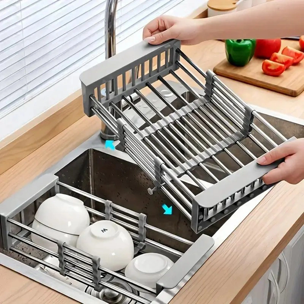 Adjustable Immersion Sink Dish Drying Rack With Stainless Steel Drain Basket - Portable And Retractable Space-Saving Fruit And Vegetable Solution view 7