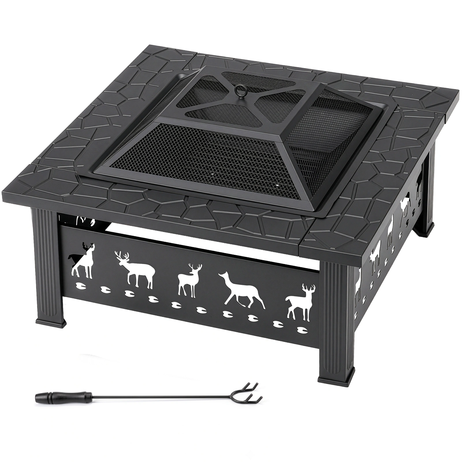 32 Inch Square Outdoor Wood Burning Fire Pit Table, Heavy Duty Wrought Iron Firepit with Pyramid Spark Screen Lid & Fire Poker, Decorative Elk Cutout Patio Fire Pit for Backyard, Garden, Lawn and Camping, Black