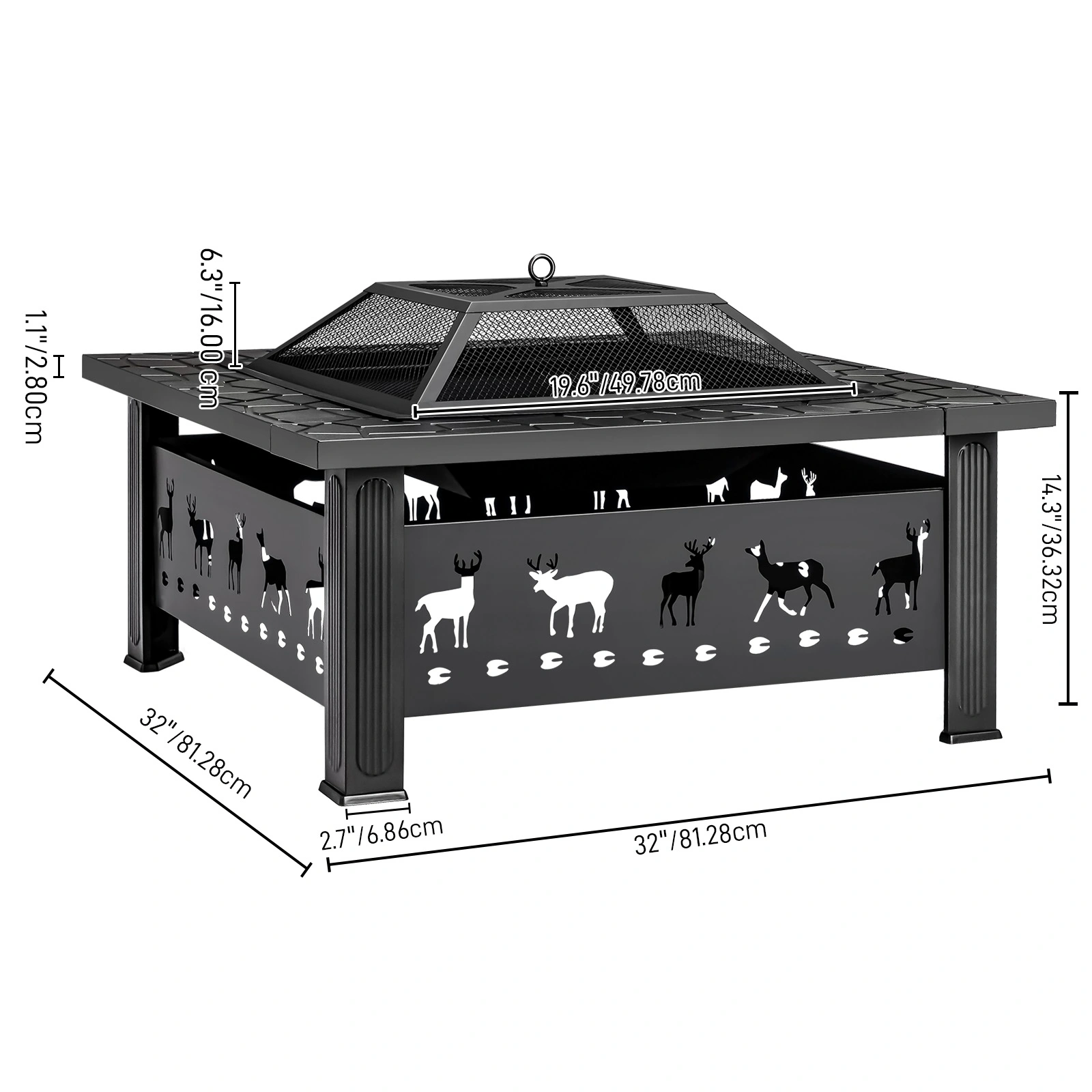 32 Inch Square Outdoor Wood Burning Fire Pit Table, Heavy Duty Wrought Iron Firepit with Pyramid Spark Screen Lid & Fire Poker, Decorative Elk Cutout Patio Fire Pit for Backyard, Garden, Lawn and Camping, Black view 2