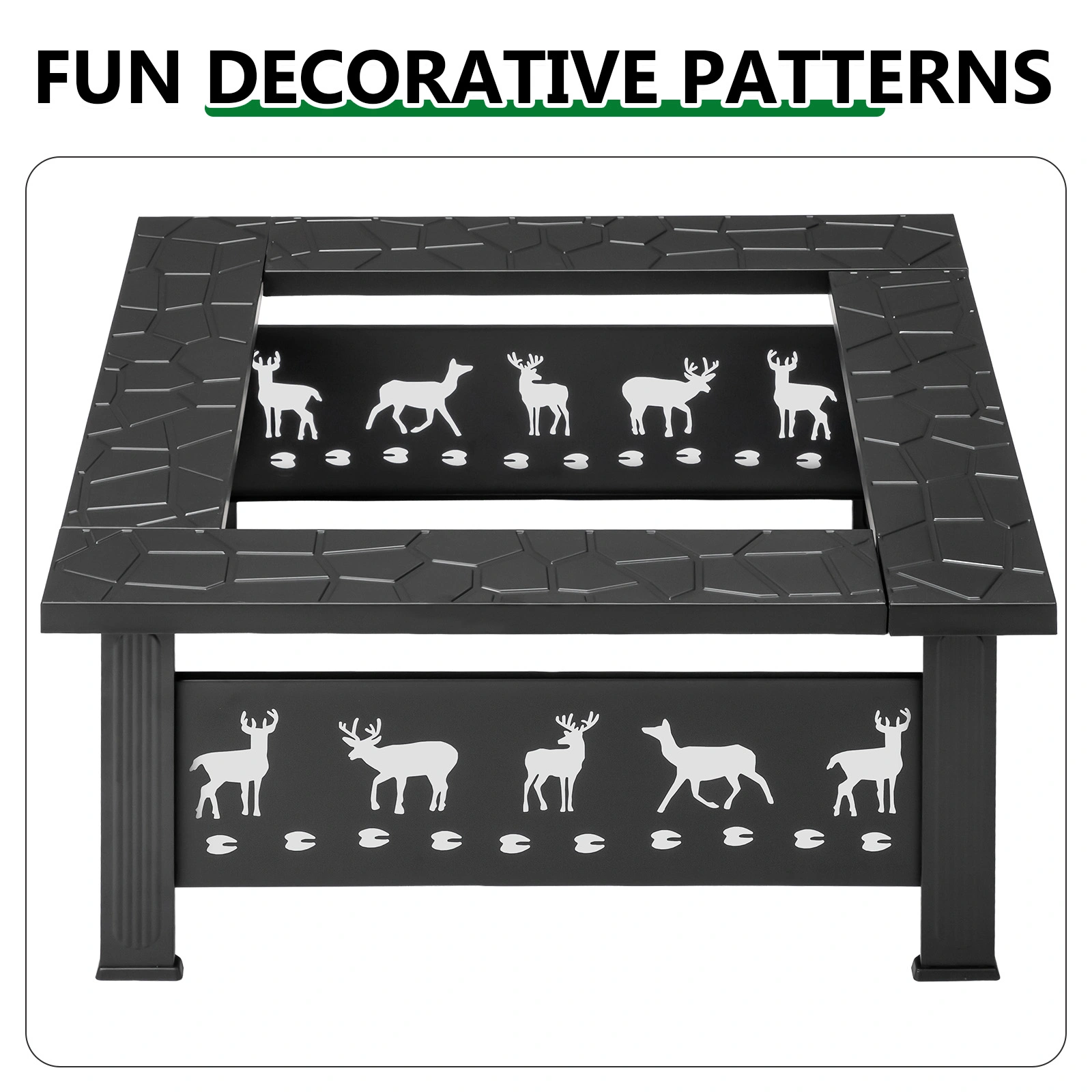32 Inch Square Outdoor Wood Burning Fire Pit Table, Heavy Duty Wrought Iron Firepit with Pyramid Spark Screen Lid & Fire Poker, Decorative Elk Cutout Patio Fire Pit for Backyard, Garden, Lawn and Camping, Black view 3