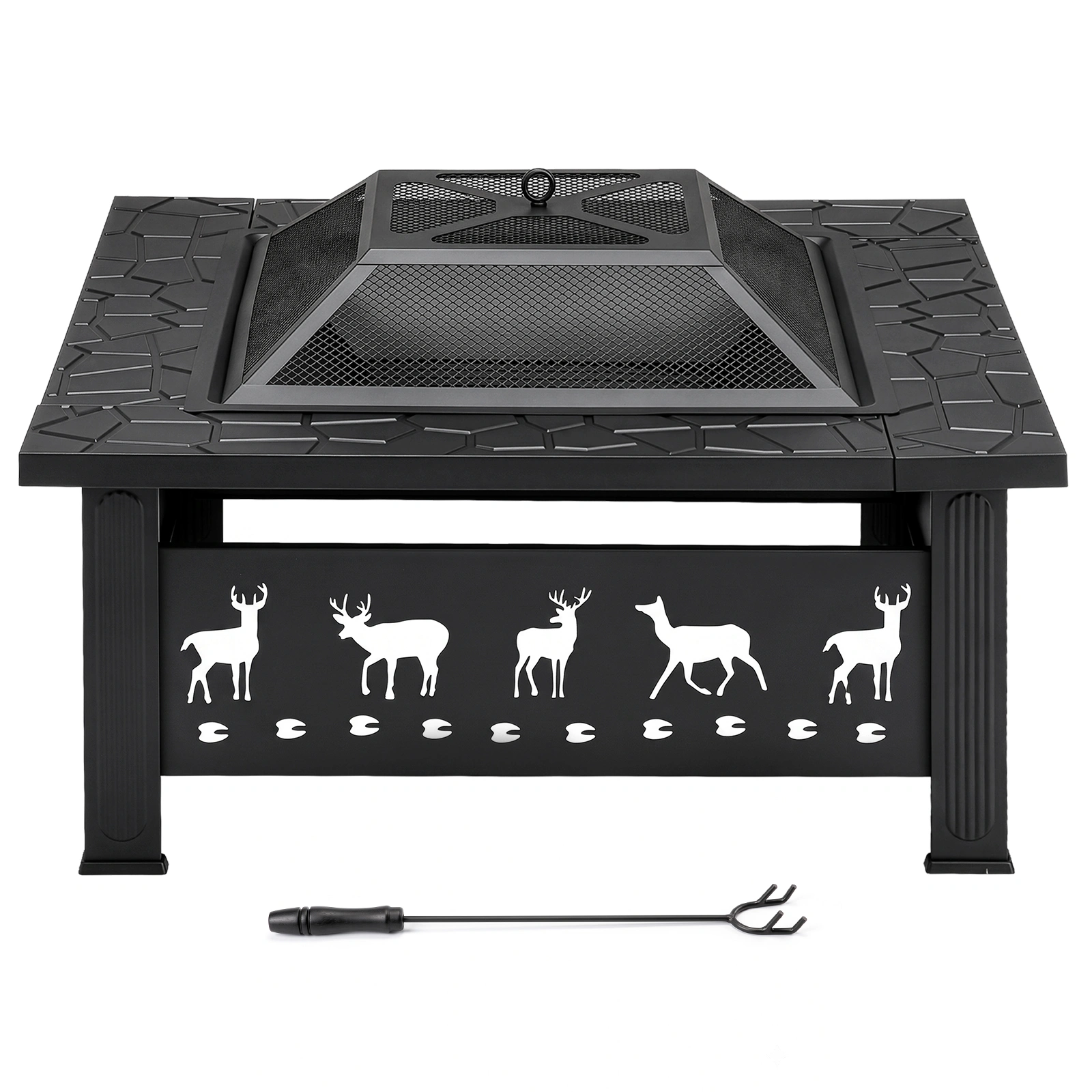 32 Inch Square Outdoor Wood Burning Fire Pit Table, Heavy Duty Wrought Iron Firepit with Pyramid Spark Screen Lid & Fire Poker, Decorative Elk Cutout Patio Fire Pit for Backyard, Garden, Lawn and Camping, Black view 5