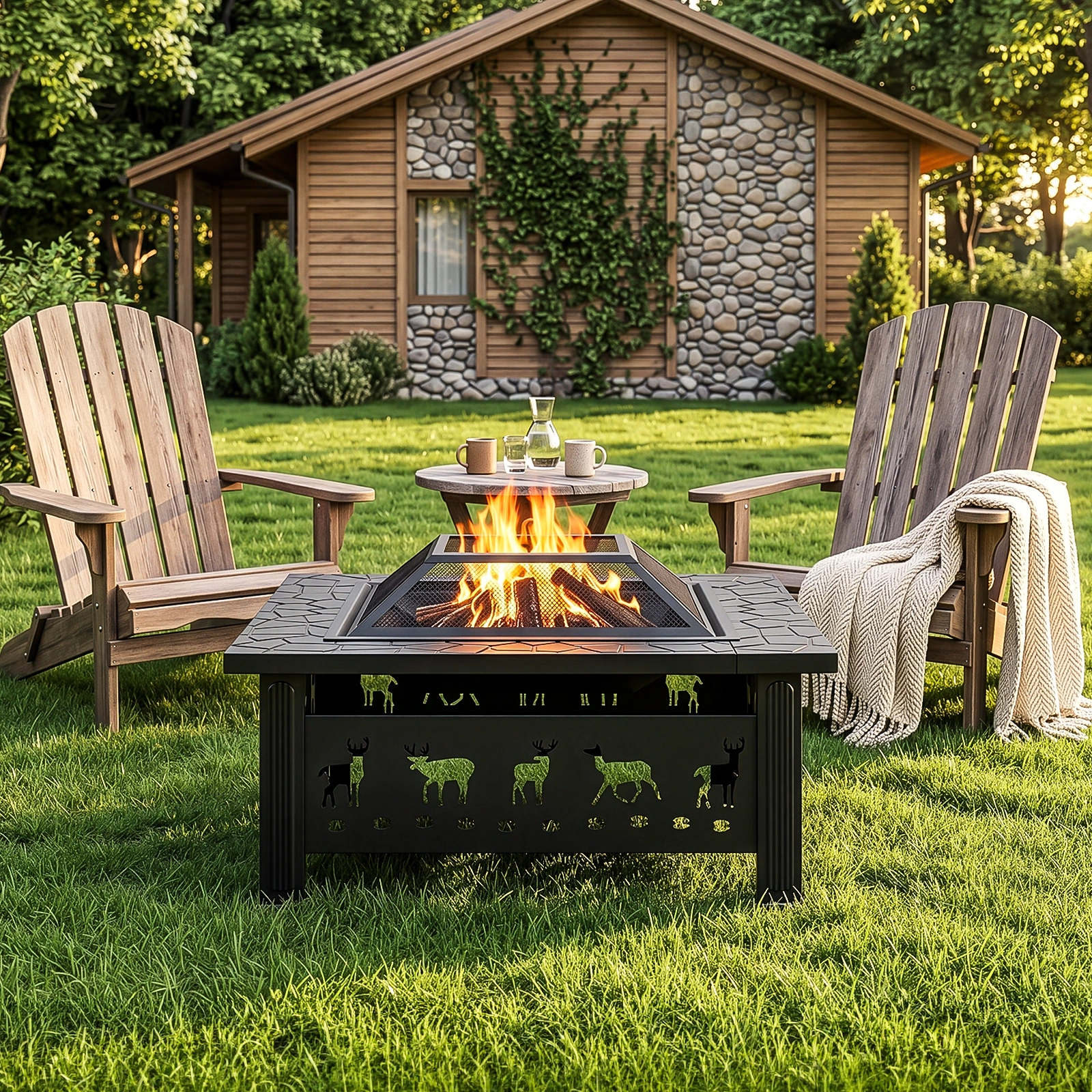 32 Inch Square Outdoor Wood Burning Fire Pit Table, Heavy Duty Wrought Iron Firepit with Pyramid Spark Screen Lid & Fire Poker, Decorative Elk Cutout Patio Fire Pit for Backyard, Garden, Lawn and Camping, Black view 6