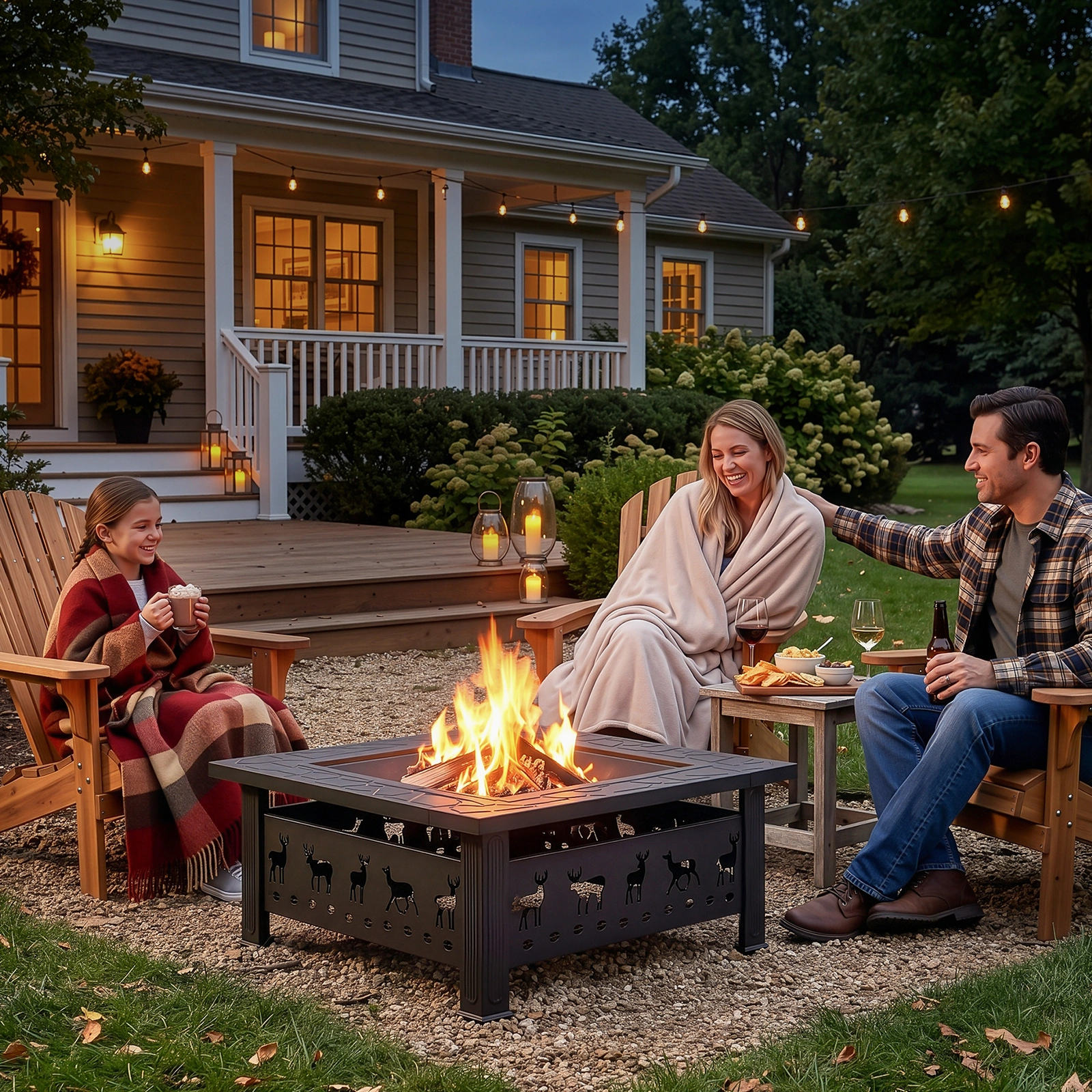 32 Inch Square Outdoor Wood Burning Fire Pit Table, Heavy Duty Wrought Iron Firepit with Pyramid Spark Screen Lid & Fire Poker, Decorative Elk Cutout Patio Fire Pit for Backyard, Garden, Lawn and Camping, Black view 7