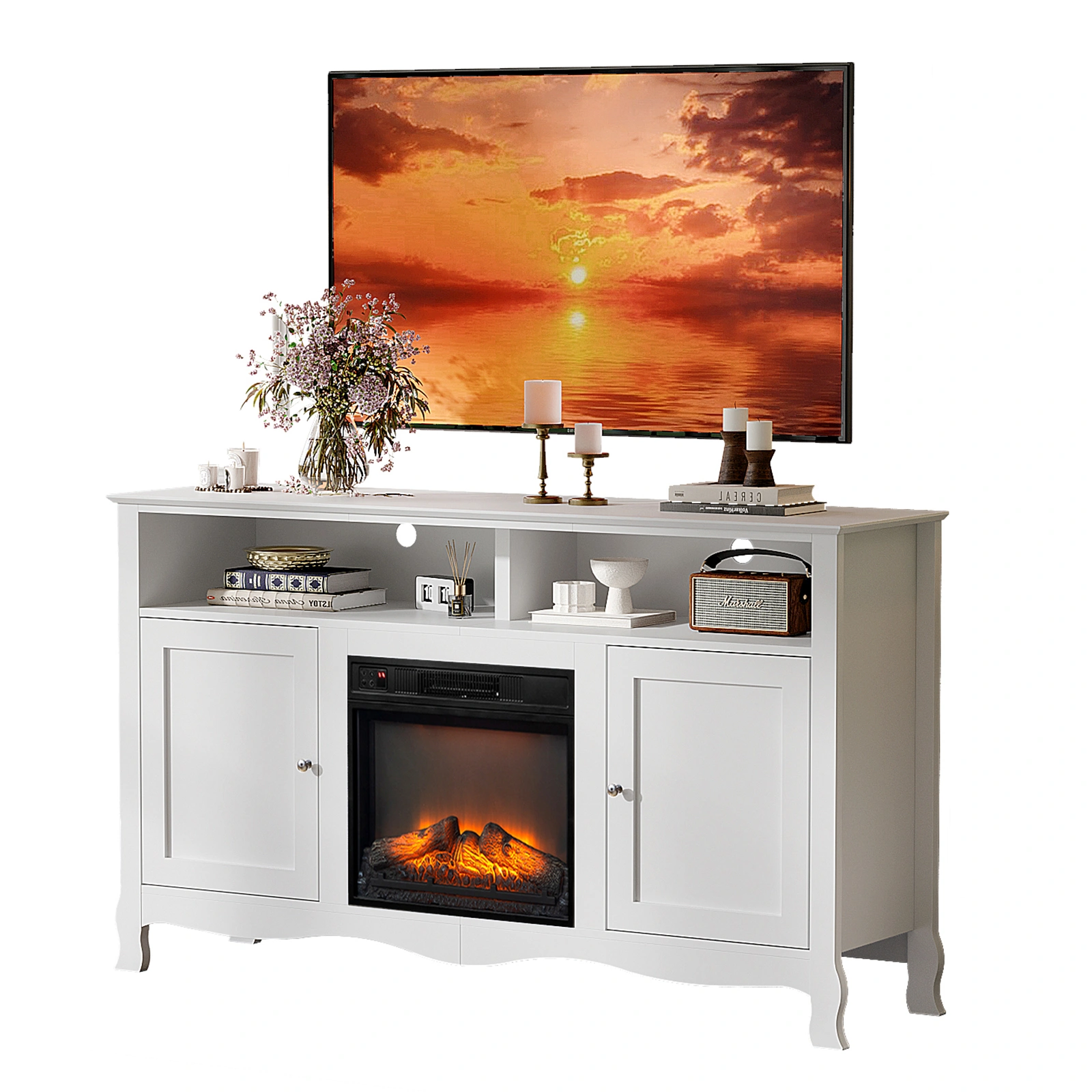 58" White French Style Electric Fireplace TV Stand Console with Curved Legs, 18" Insert Compatible view 10