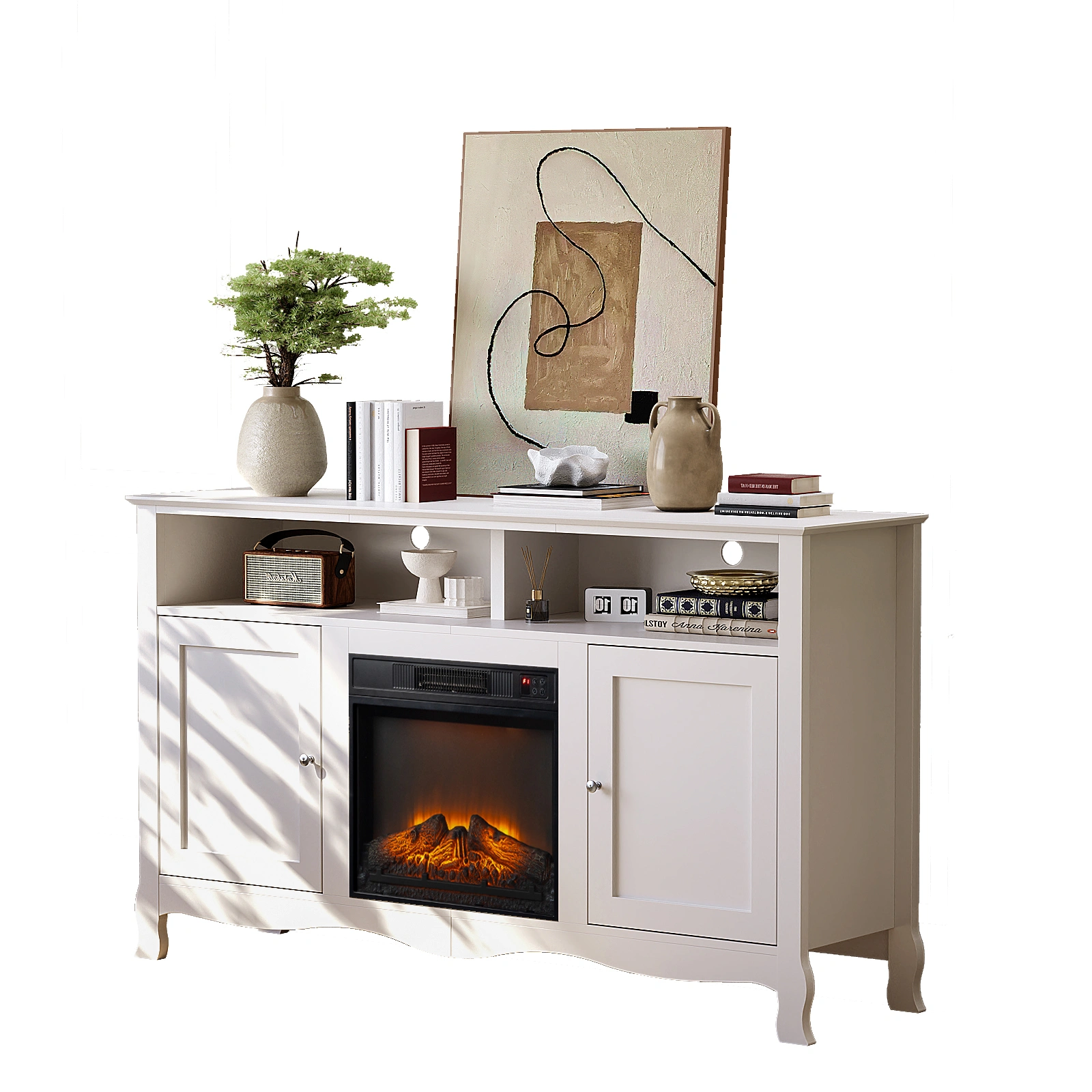 58" White French Style Electric Fireplace TV Stand Console with Curved Legs, 18" Insert Compatible view 11