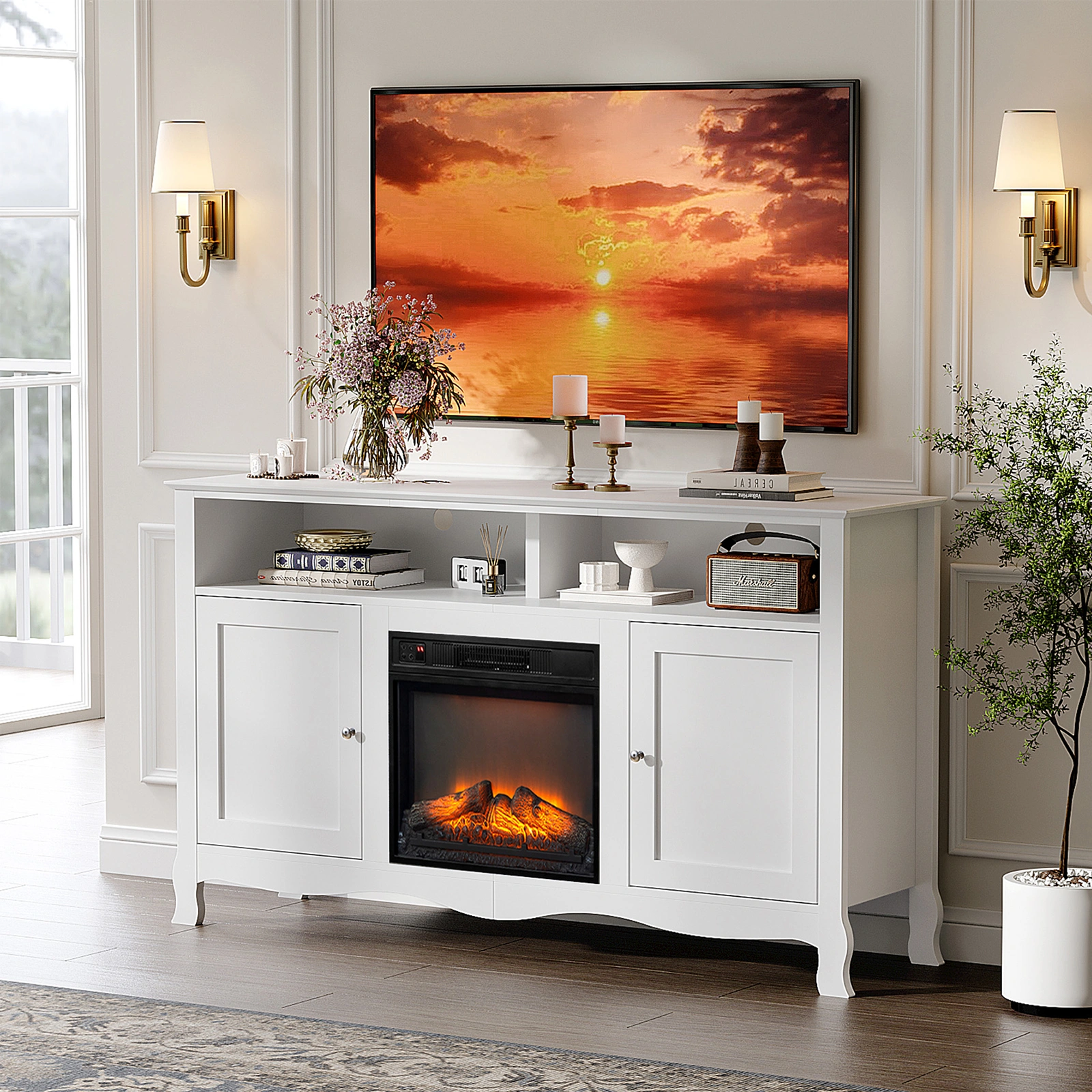 58" White French Style Electric Fireplace TV Stand Console with Curved Legs, 18" Insert Compatible view 13