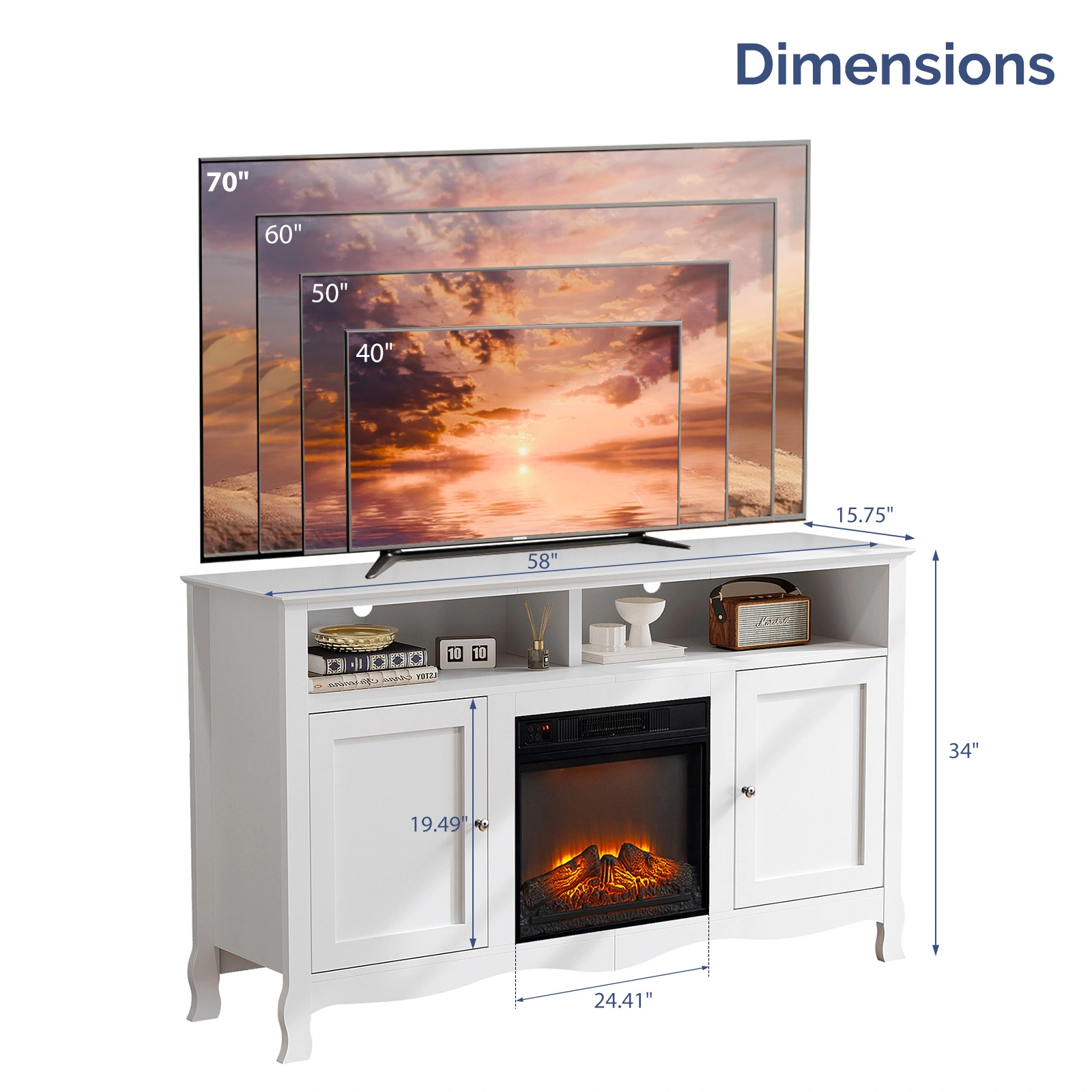 58" White French Style Electric Fireplace TV Stand Console with Curved Legs, 18" Insert Compatible view 19