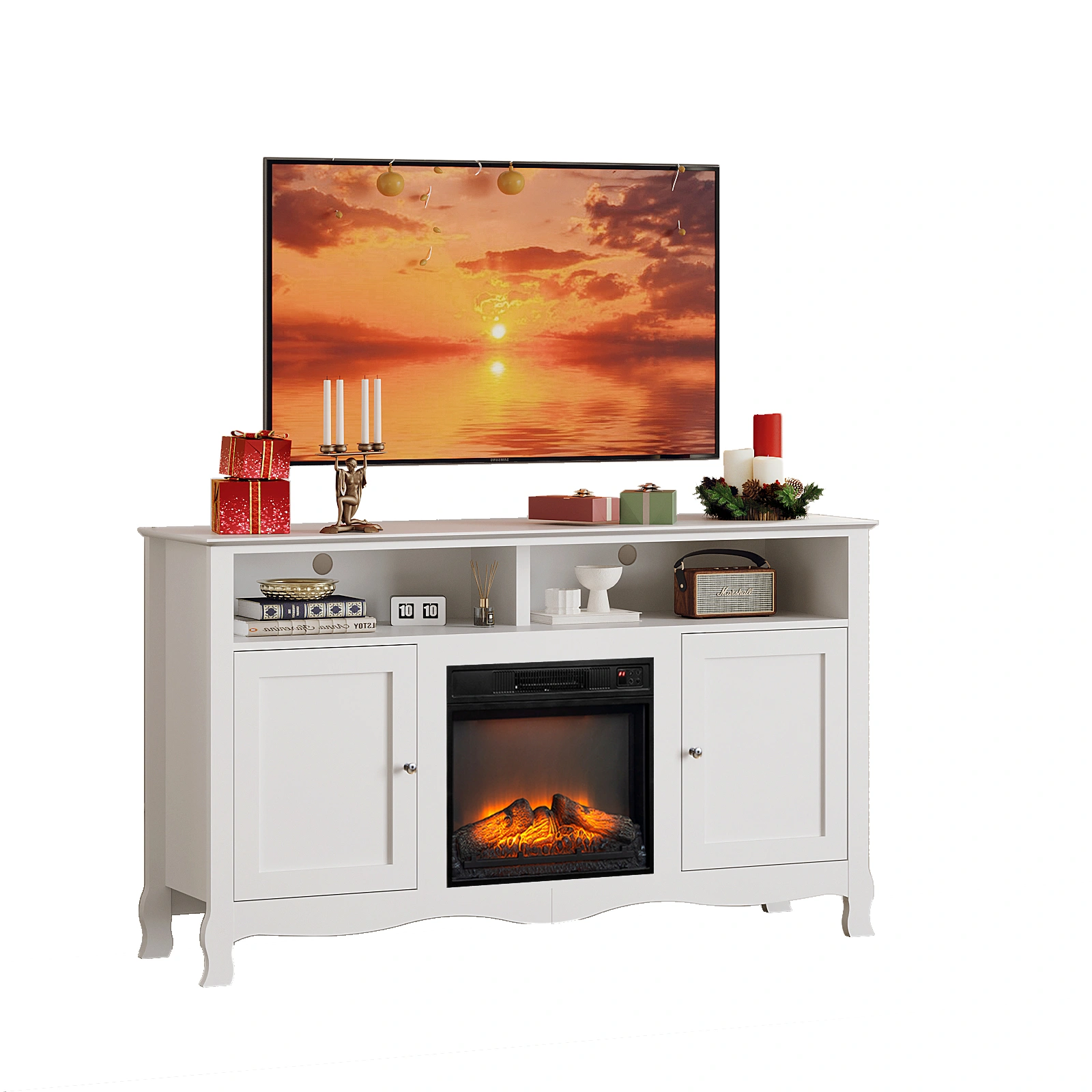 58" White French Style Electric Fireplace TV Stand Console with Curved Legs, 18" Insert Compatible view 20