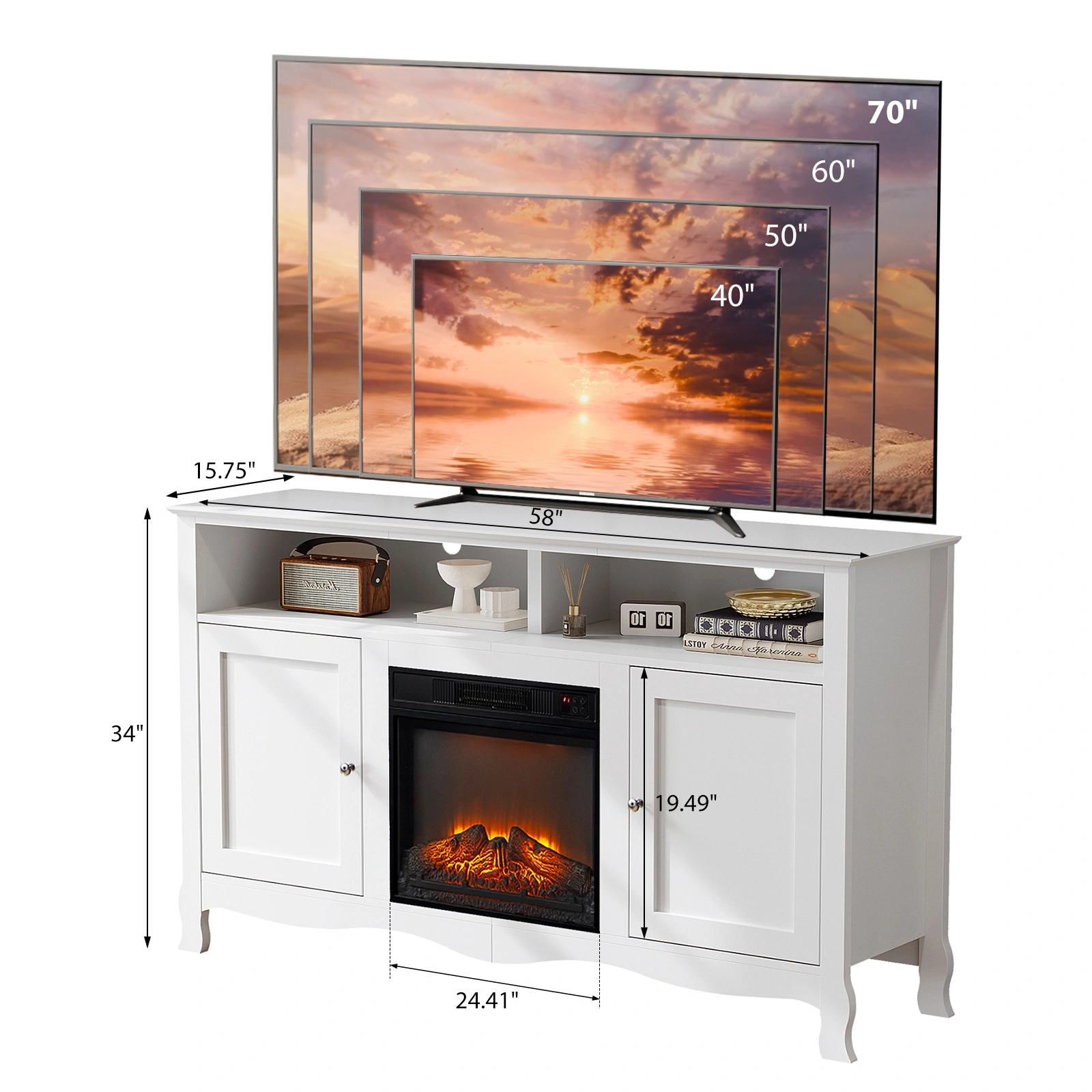 58" White French Style Electric Fireplace TV Stand Console with Curved Legs, 18" Insert Compatible view 8