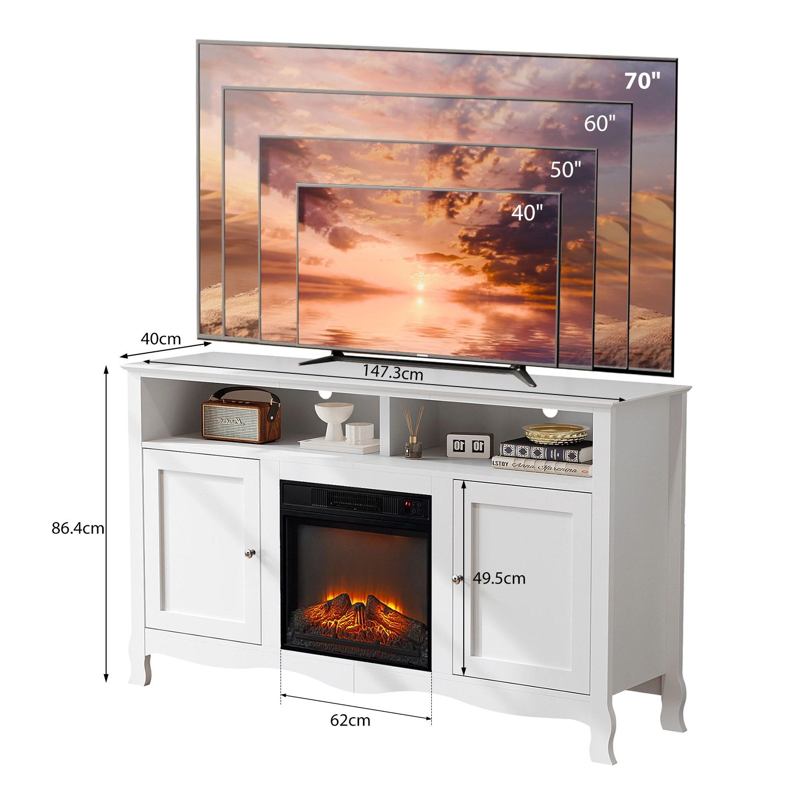 58" White French Style Electric Fireplace TV Stand Console with Curved Legs, 18" Insert Compatible view 9
