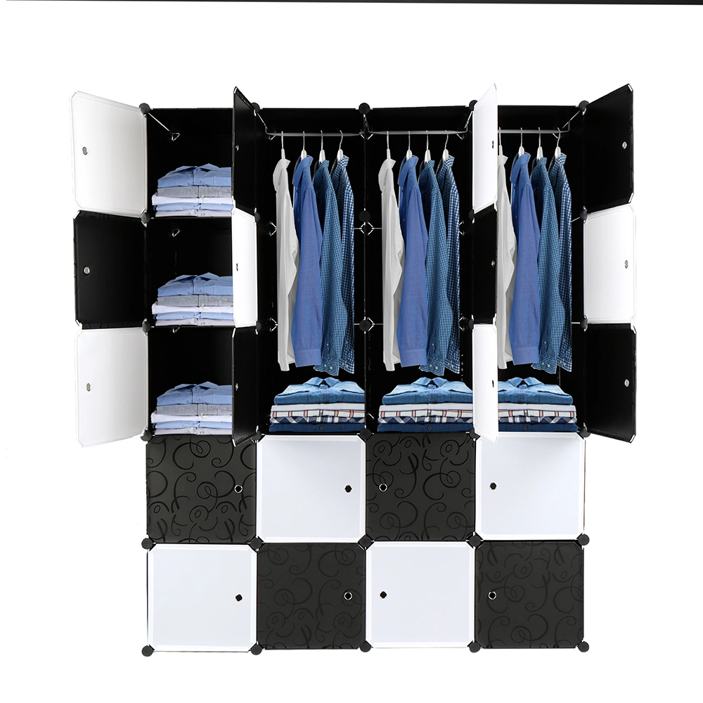 20 Cube Stackable Plastic Storage Shelves Organizer Modular Closet Cabinet with Hanging Rod Black White view 2