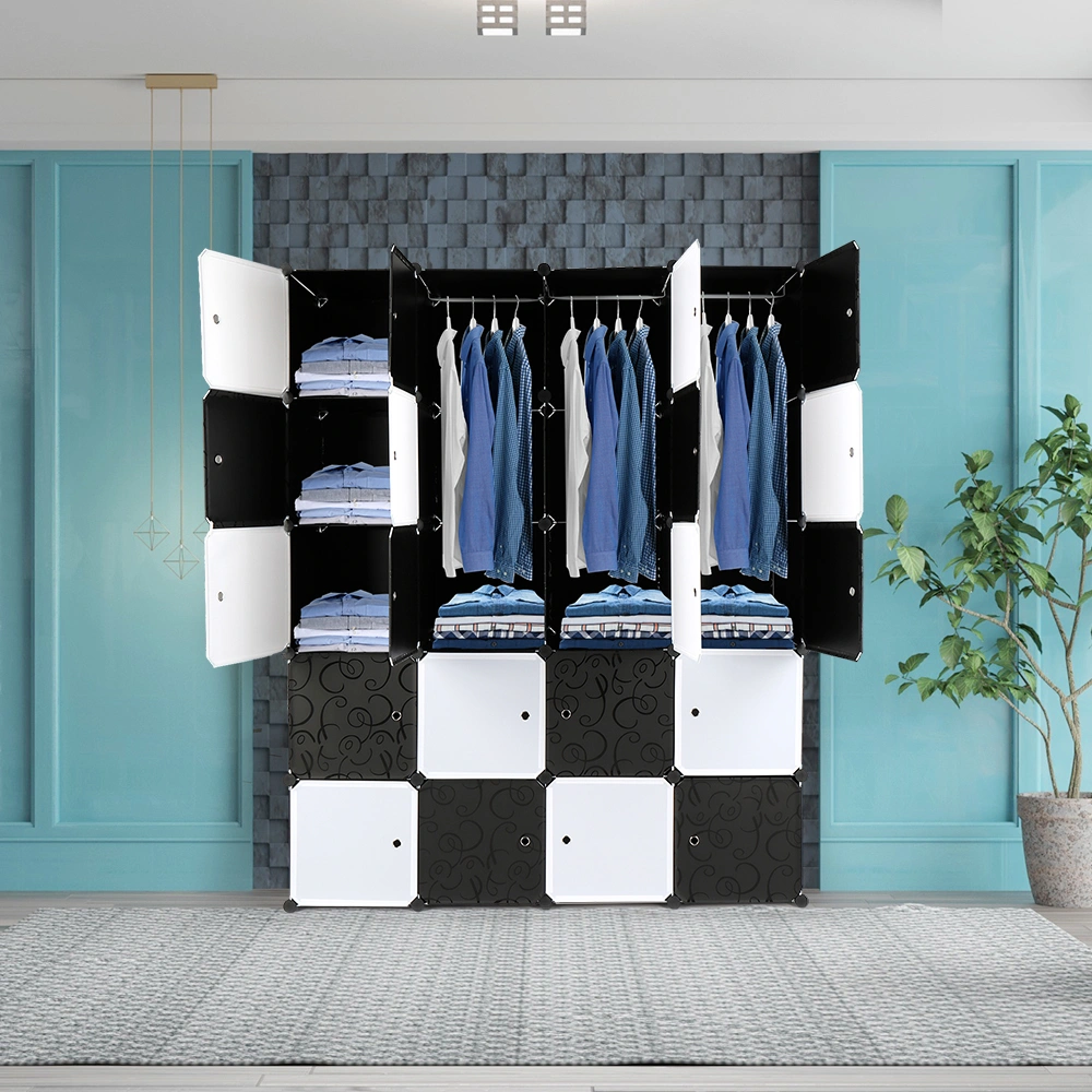 20 Cube Stackable Plastic Storage Shelves Organizer Modular Closet Cabinet with Hanging Rod Black White view 3