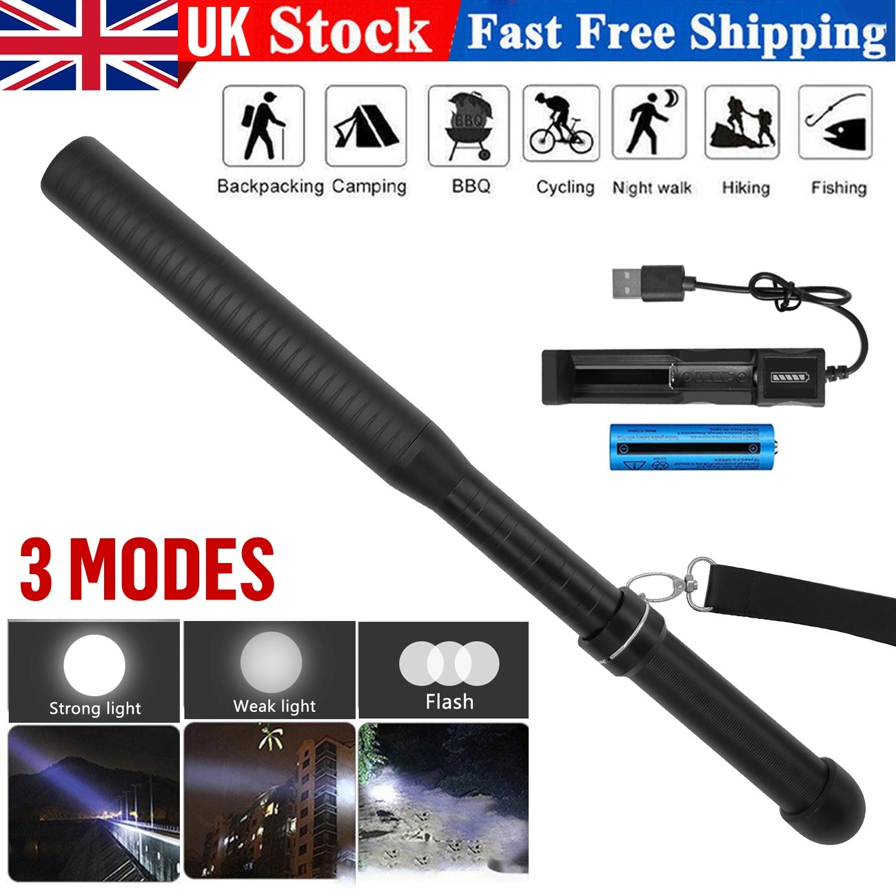 USB Rechargeable LED Flashlight, 3-Mode Outdoor Camping Hiking Flashlight Set