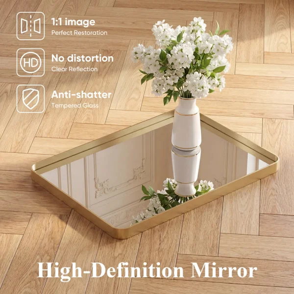 Anti-Fog Bathroom Wall Mirror – 24" x 36" Shatterproof Vanity Mirror with Rectangular Metal Frame, Gold (Shipment from Walmart) view 5