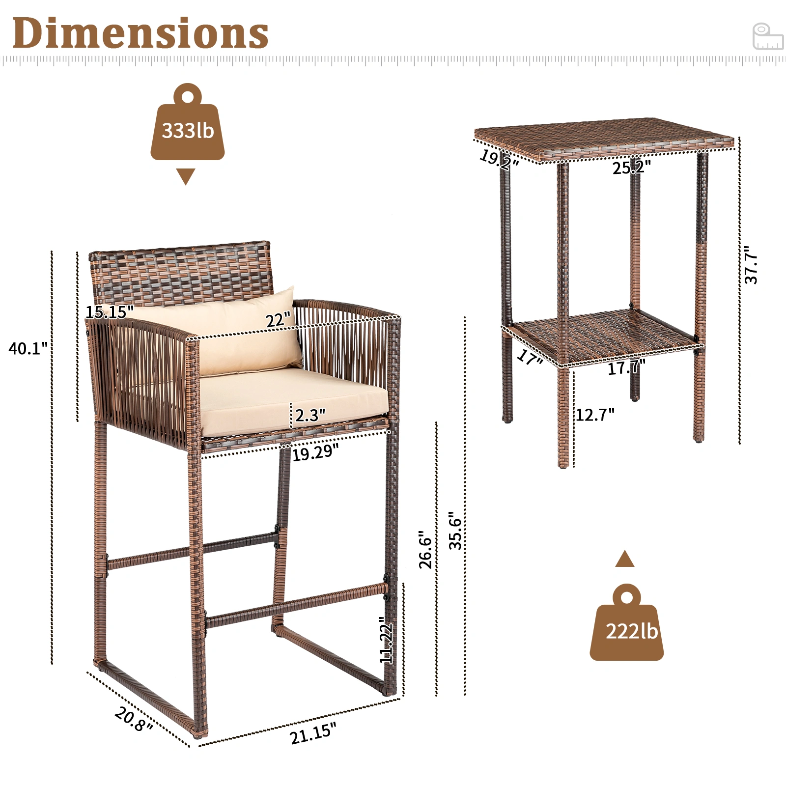 Outdoor 3 Piece Patio Bar Set, Bar Height Bistro Table Set for 2 People, High Top Wicker Bar Stools and Table Outdoor Bar Set with Cushions and Pillows, Brown Gradient Rattan & Beige Cushion view 13