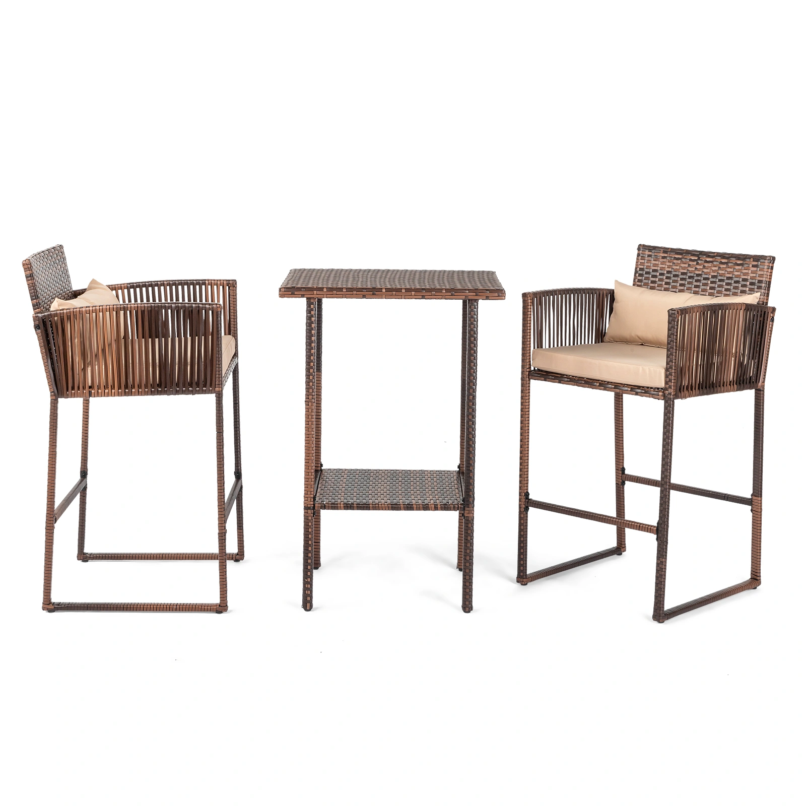 Outdoor 3 Piece Patio Bar Set, Bar Height Bistro Table Set for 2 People, High Top Wicker Bar Stools and Table Outdoor Bar Set with Cushions and Pillows, Brown Gradient Rattan & Beige Cushion view 18