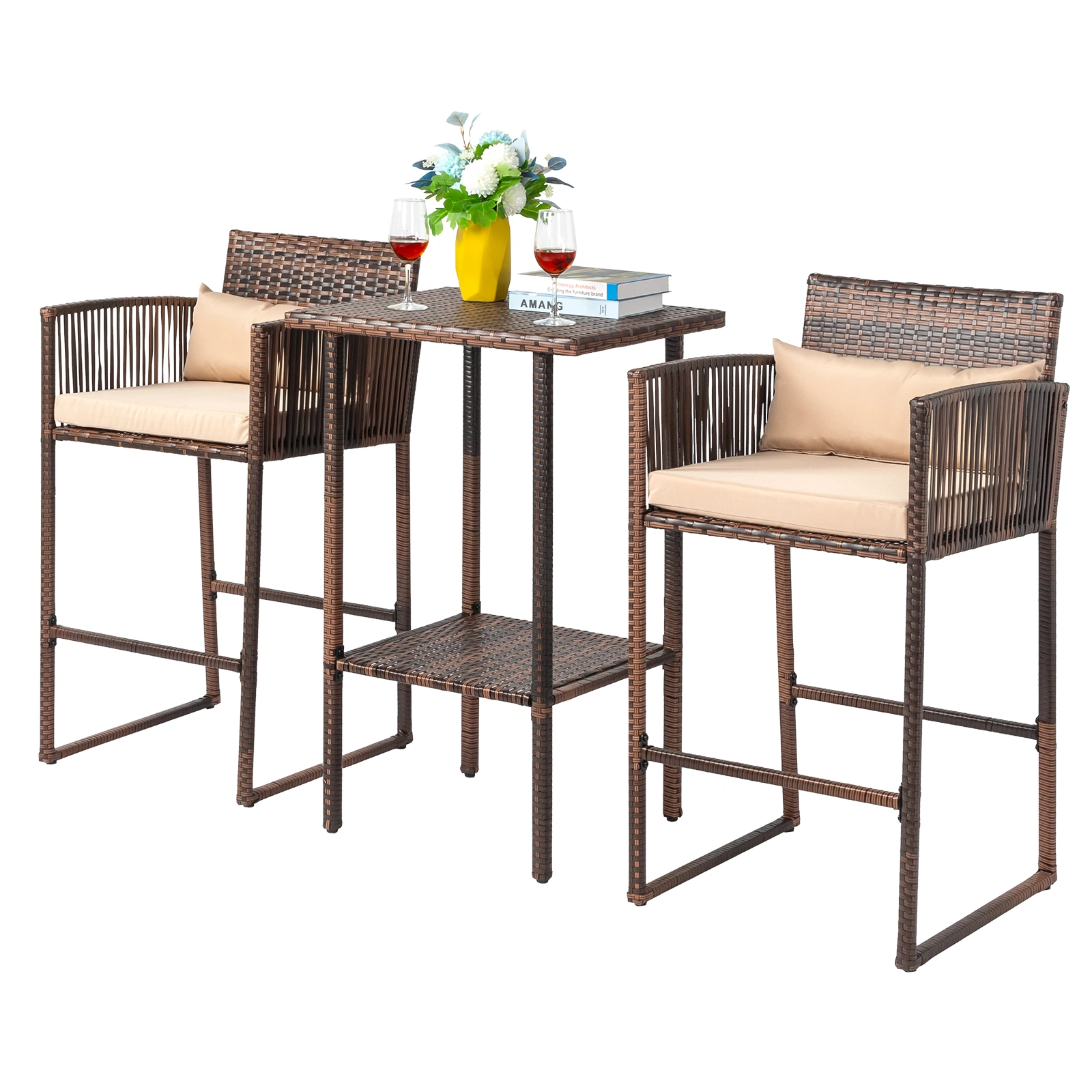 Outdoor 3 Piece Patio Bar Set, Bar Height Bistro Table Set for 2 People, High Top Wicker Bar Stools and Table Outdoor Bar Set with Cushions and Pillows, Brown Gradient Rattan & Beige Cushion view 2