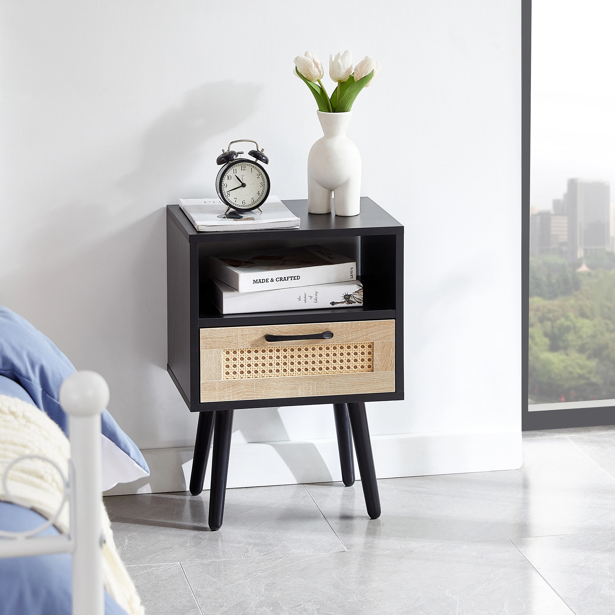 15.75" Rattan End Table with Drawer & Solid Wood Legs, Modern Black Nightstand Side Table for Living Room Bedroom