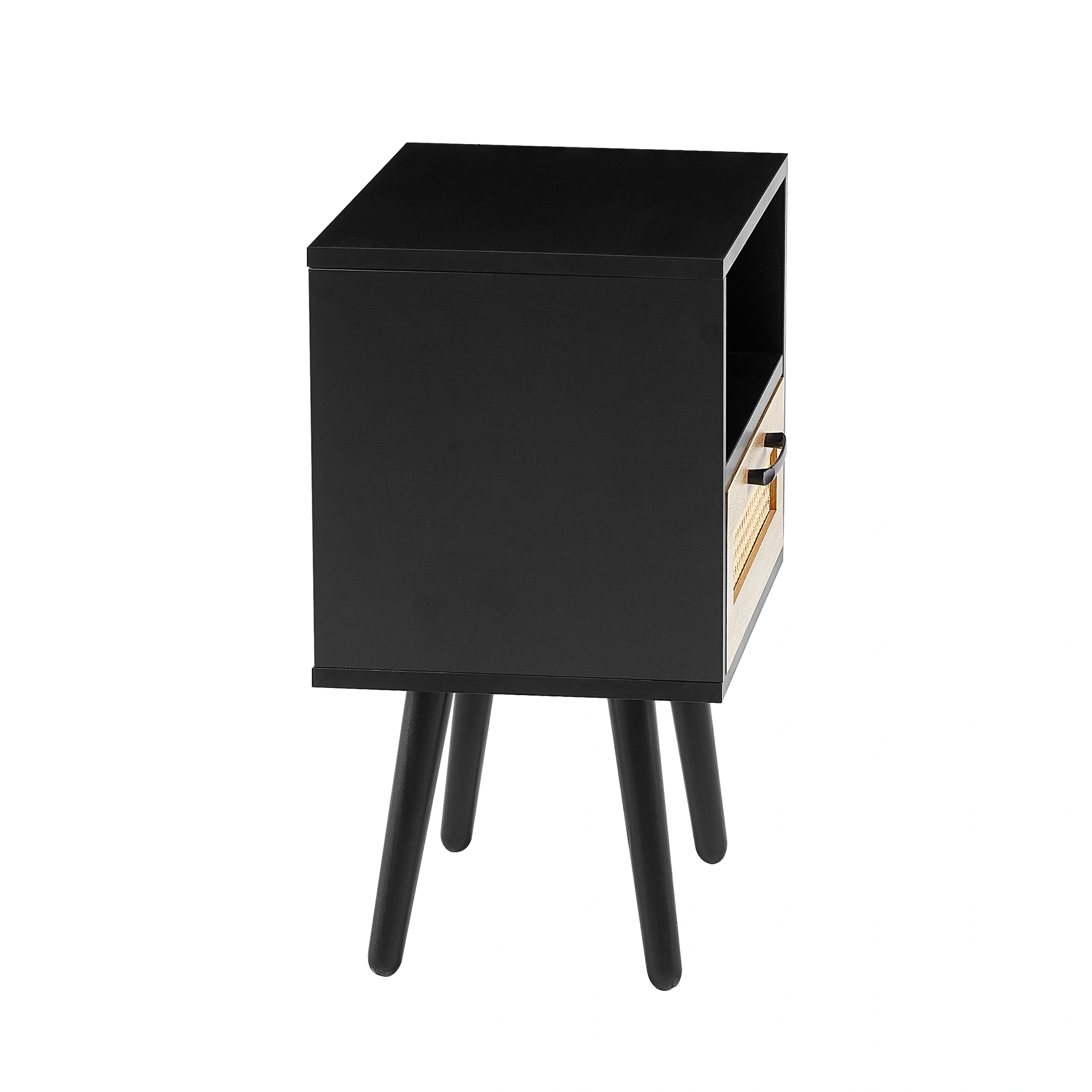 15.75" Rattan End Table with Drawer & Solid Wood Legs, Modern Black Nightstand Side Table for Living Room Bedroom view 10