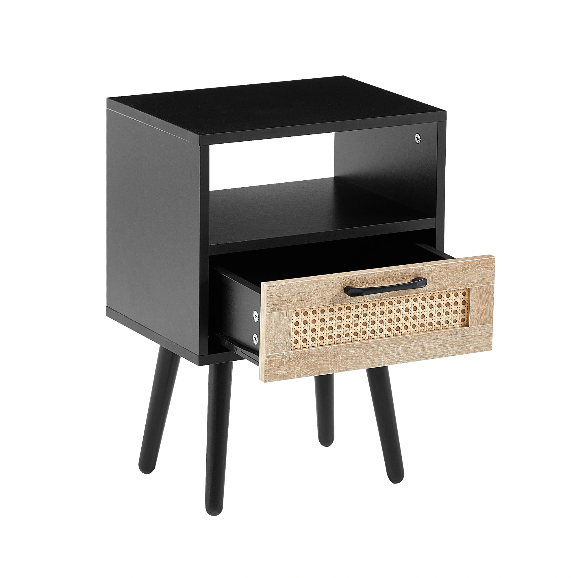 15.75" Rattan End Table with Drawer & Solid Wood Legs, Modern Black Nightstand Side Table for Living Room Bedroom view 12