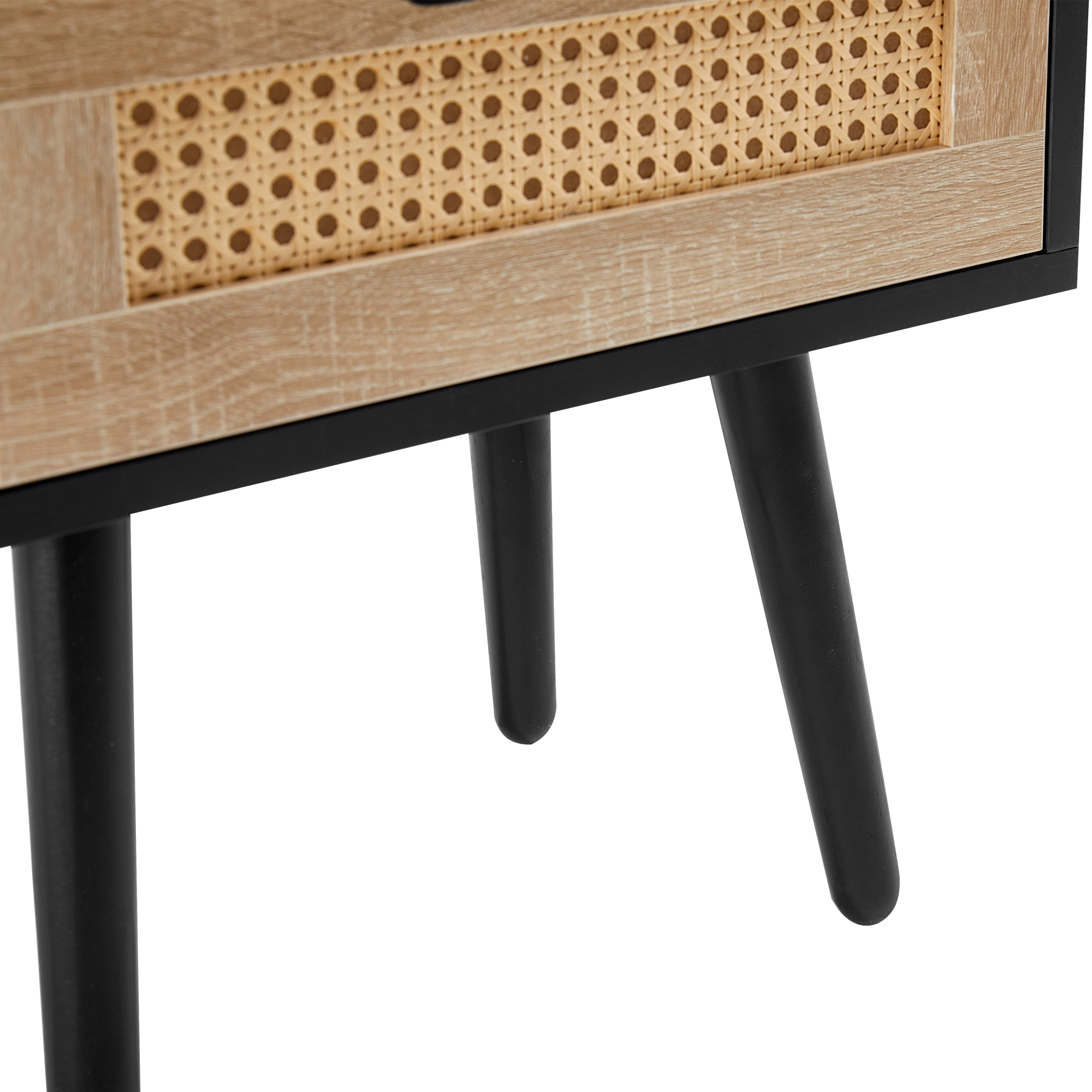 15.75" Rattan End Table with Drawer & Solid Wood Legs, Modern Black Nightstand Side Table for Living Room Bedroom view 15