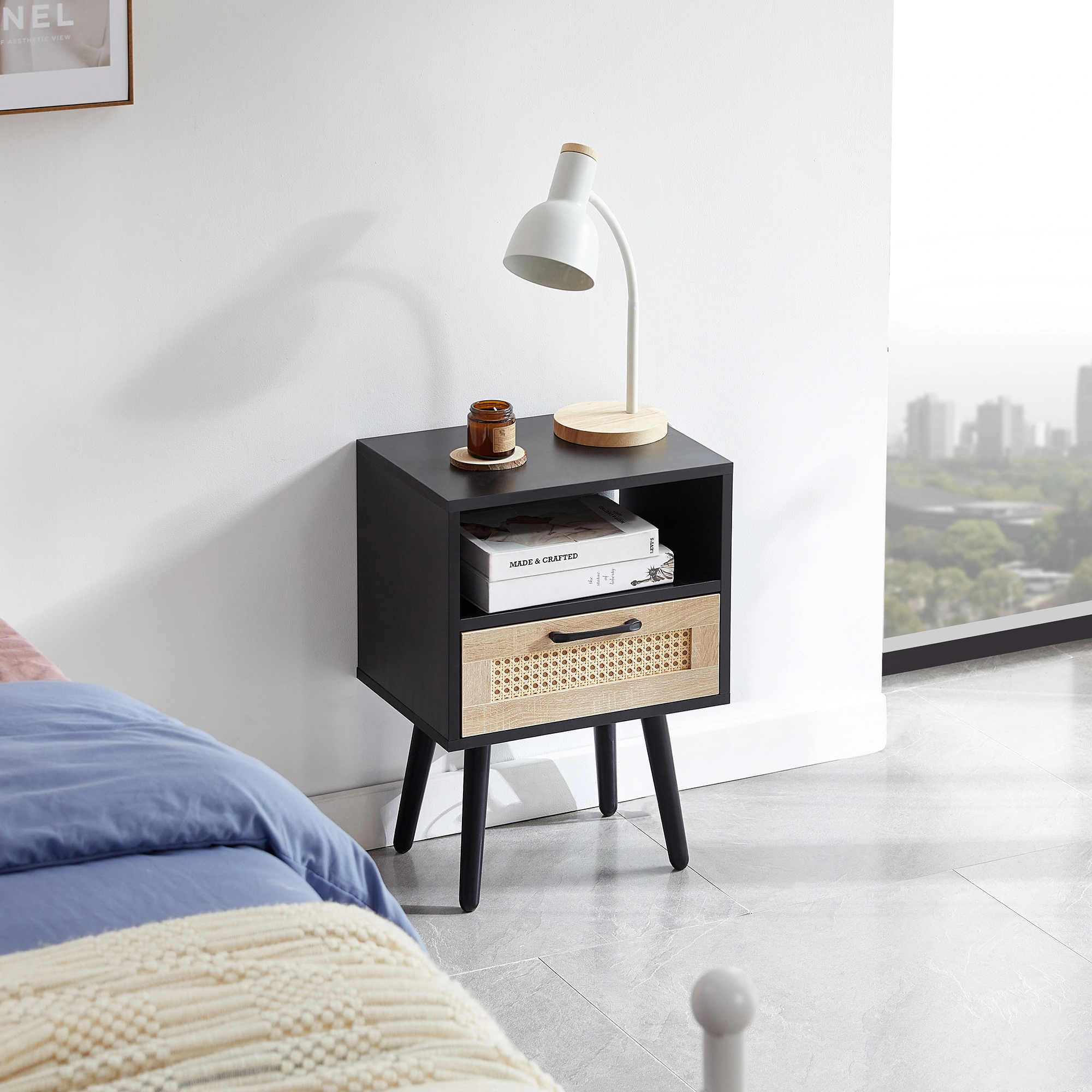 15.75" Rattan End Table with Drawer & Solid Wood Legs, Modern Black Nightstand Side Table for Living Room Bedroom view 2
