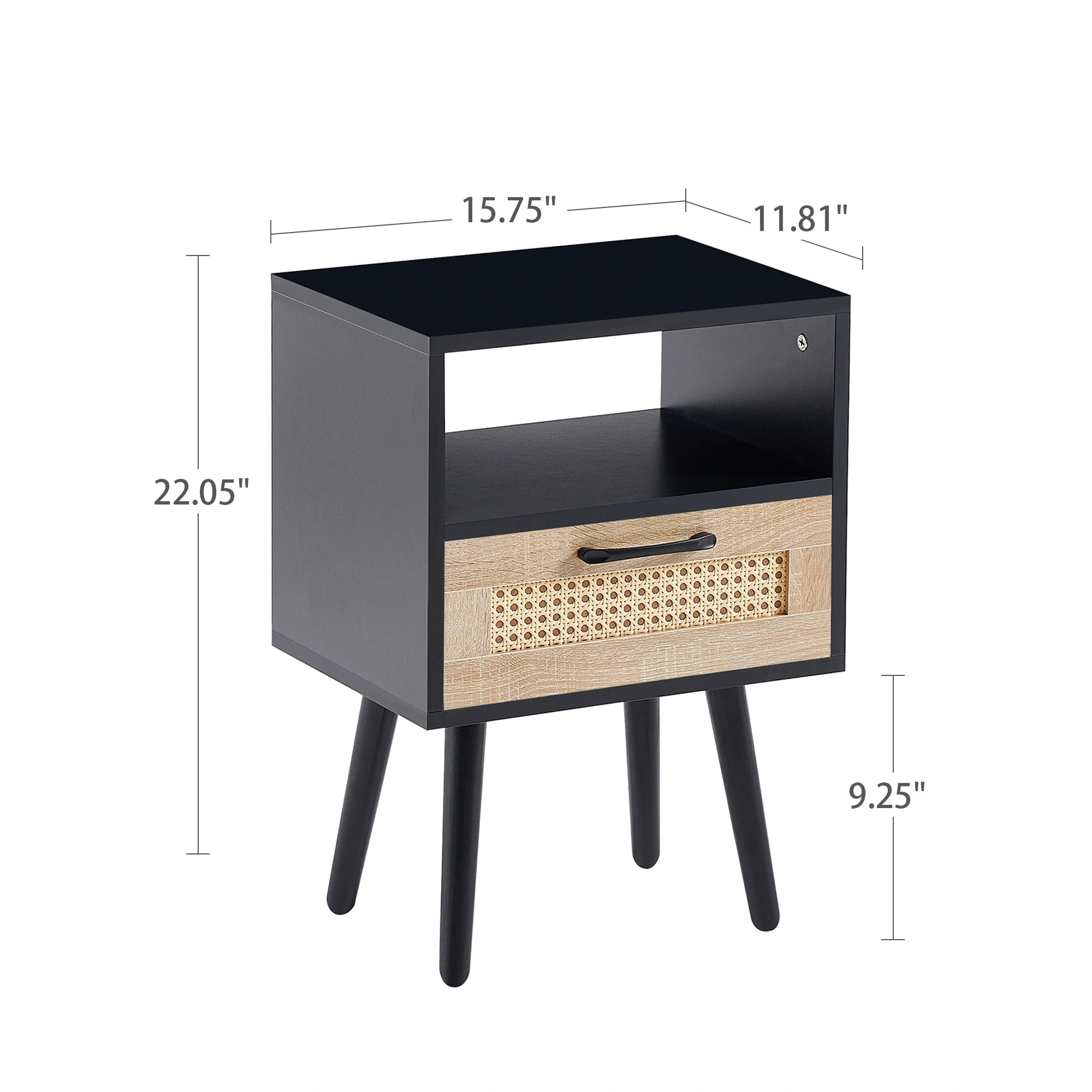 15.75" Rattan End Table with Drawer & Solid Wood Legs, Modern Black Nightstand Side Table for Living Room Bedroom view 3