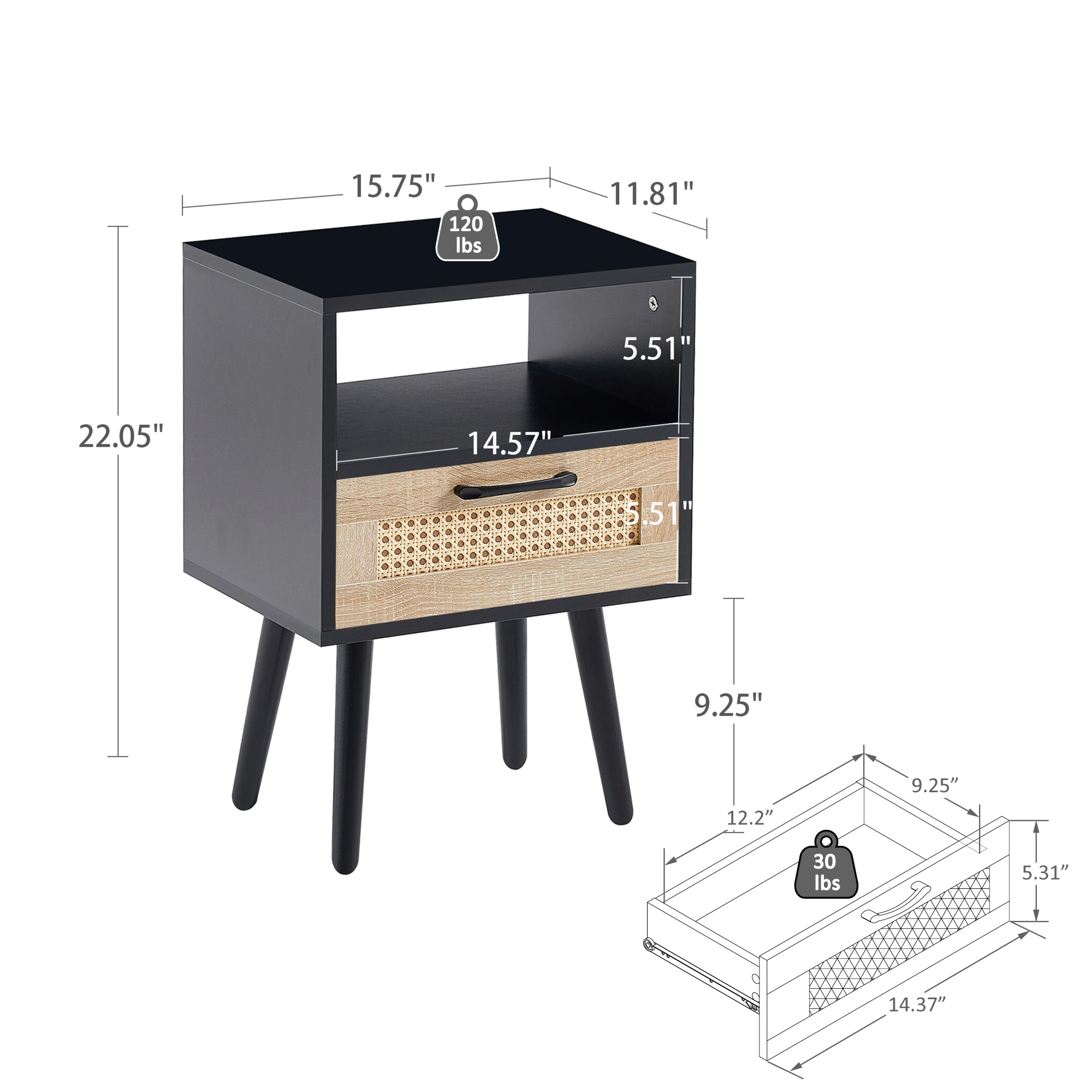 15.75" Rattan End Table with Drawer & Solid Wood Legs, Modern Black Nightstand Side Table for Living Room Bedroom view 4