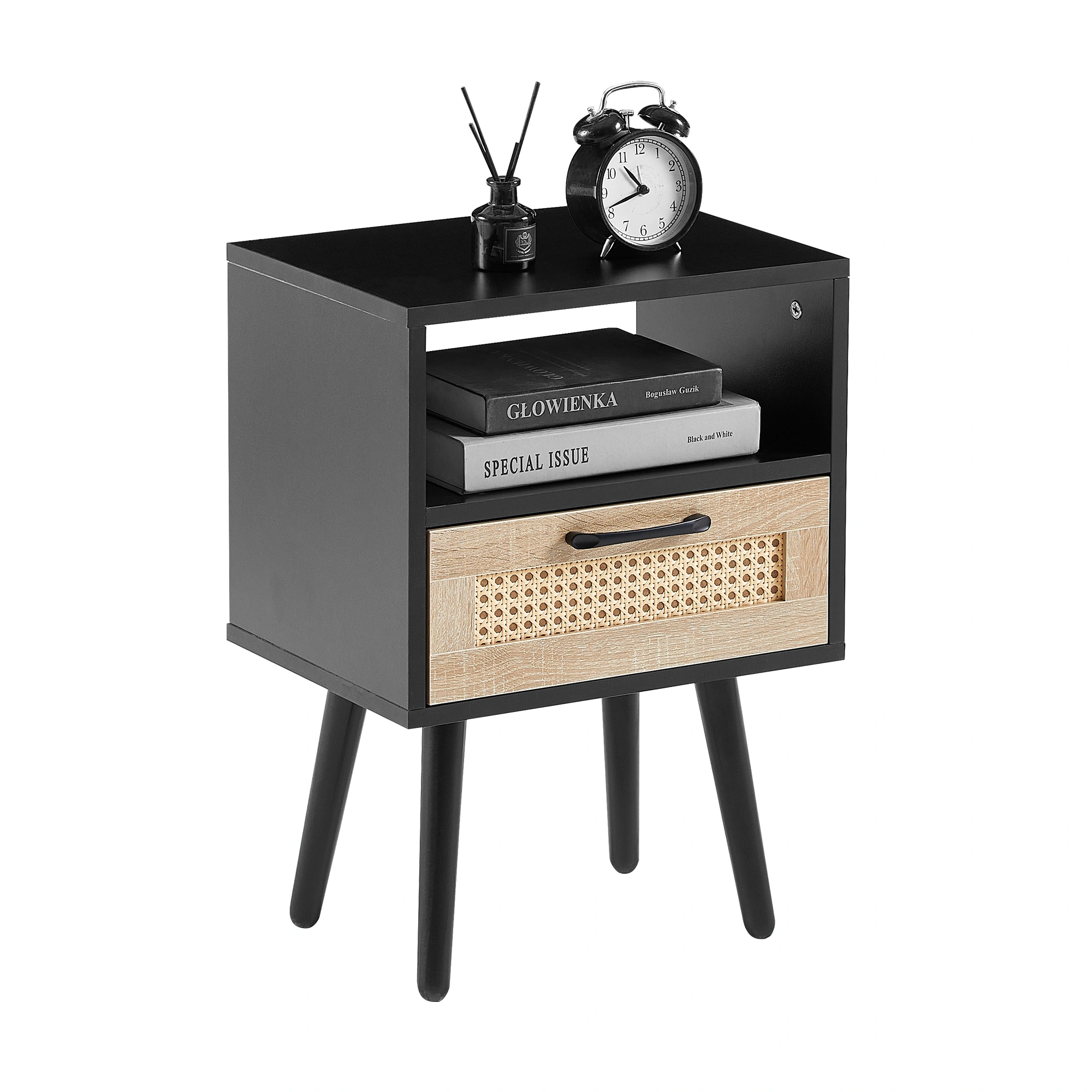 15.75" Rattan End Table with Drawer & Solid Wood Legs, Modern Black Nightstand Side Table for Living Room Bedroom view 5