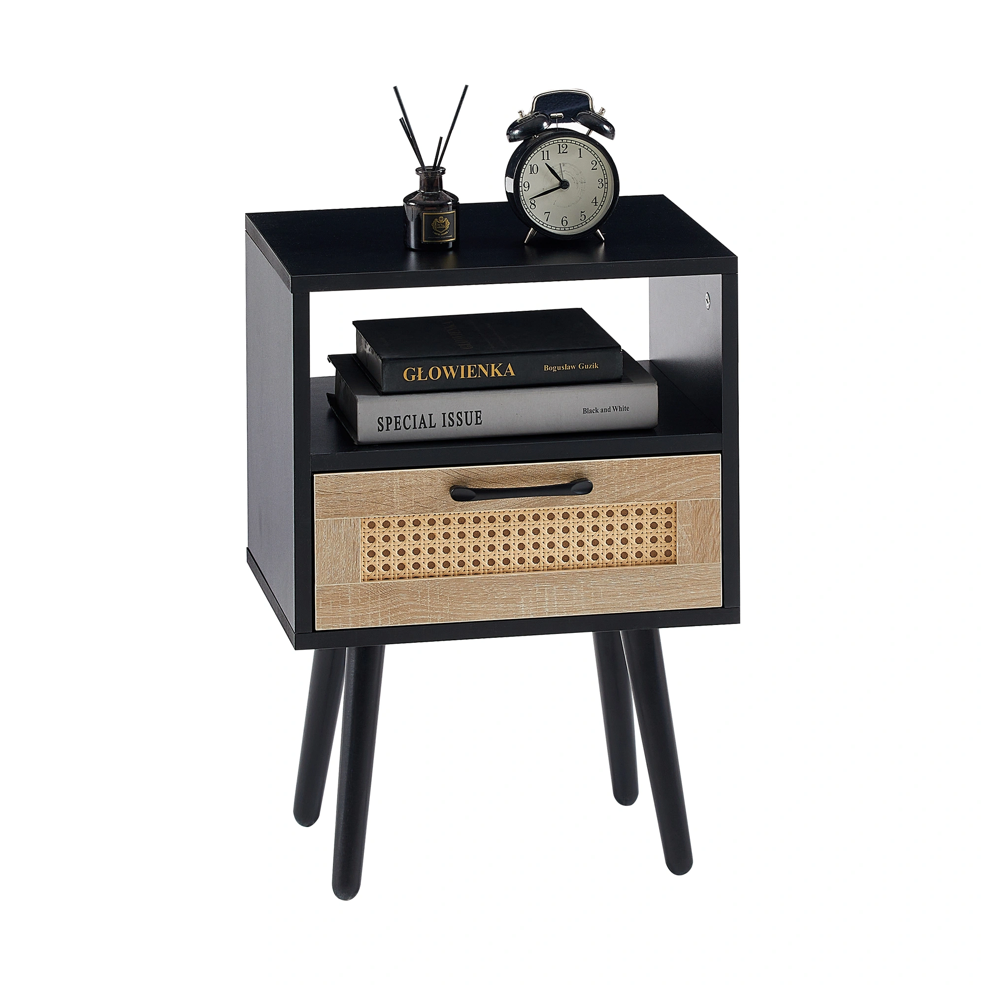 15.75" Rattan End Table with Drawer & Solid Wood Legs, Modern Black Nightstand Side Table for Living Room Bedroom view 6