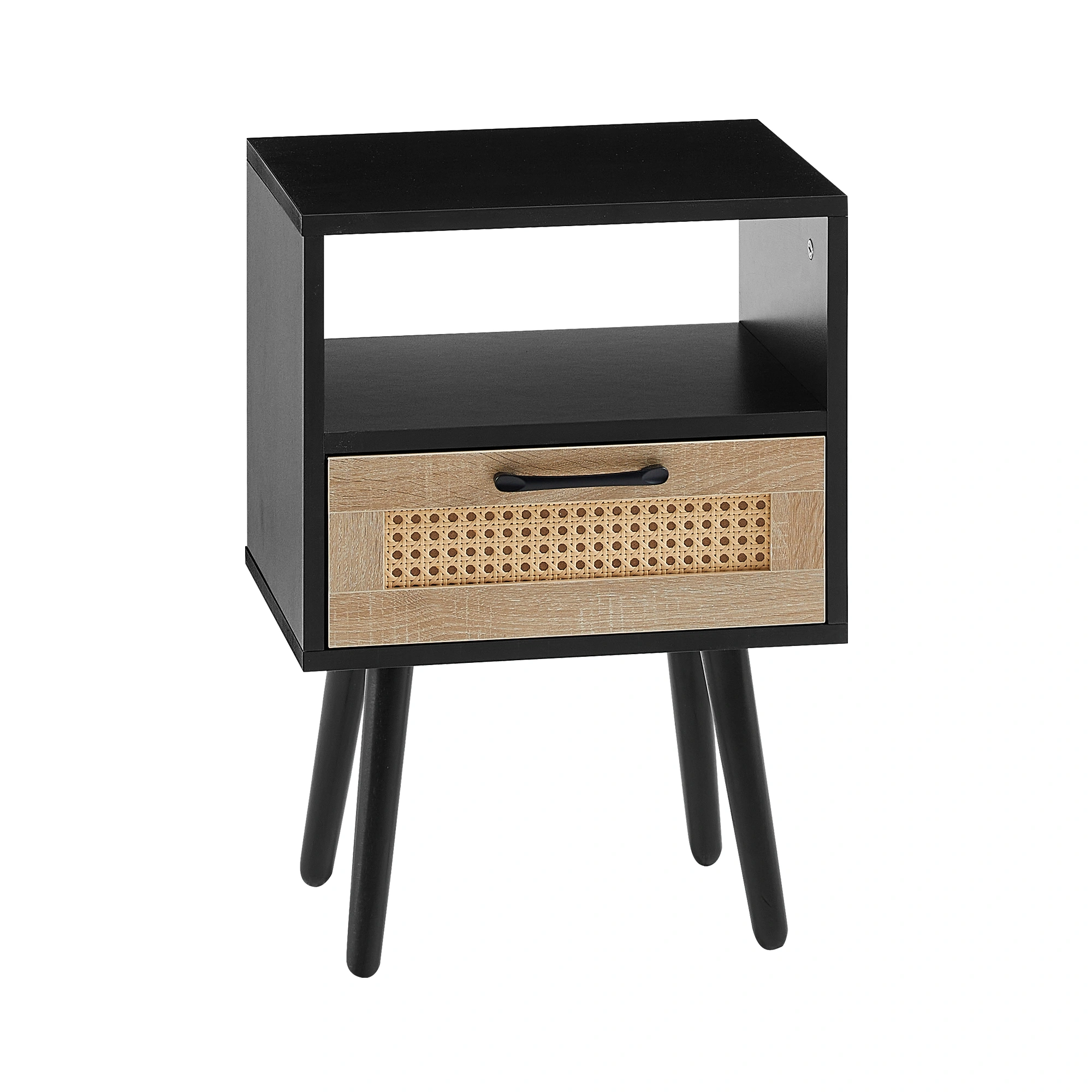 15.75" Rattan End Table with Drawer & Solid Wood Legs, Modern Black Nightstand Side Table for Living Room Bedroom view 7