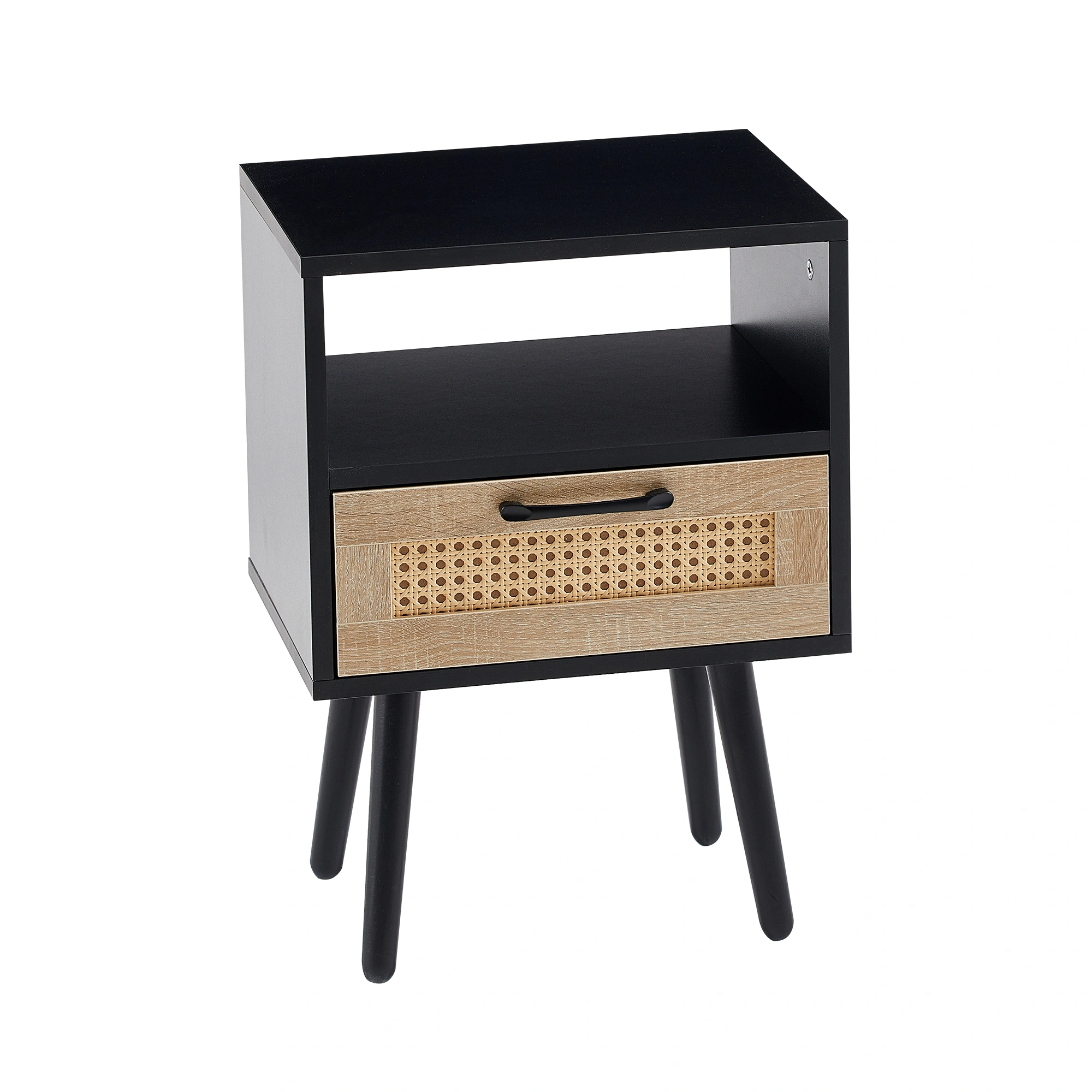 15.75" Rattan End Table with Drawer & Solid Wood Legs, Modern Black Nightstand Side Table for Living Room Bedroom view 8
