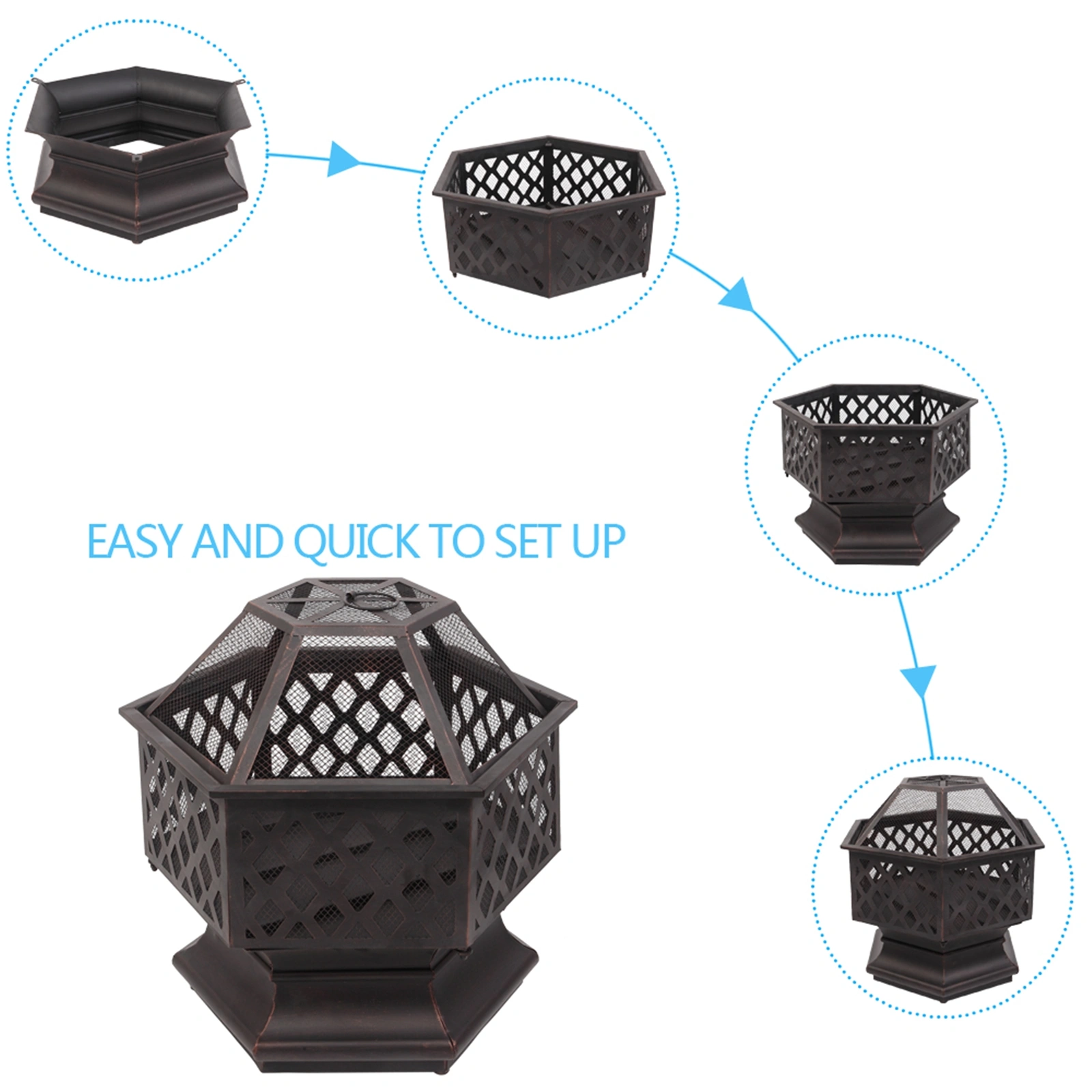 22" Hexagonal Shaped Iron Brazier Wood Burning Fire Pit Decoration for Backyard Poolside view 38