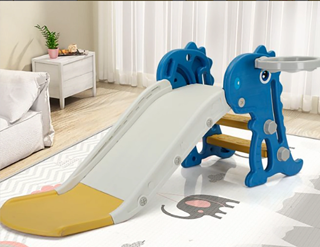 Toddler Indoor Slide, Foldable Dinosaur Slide for Ages 0-3 with Basketball Hoop & Stairs, Easy Assembly, Blue