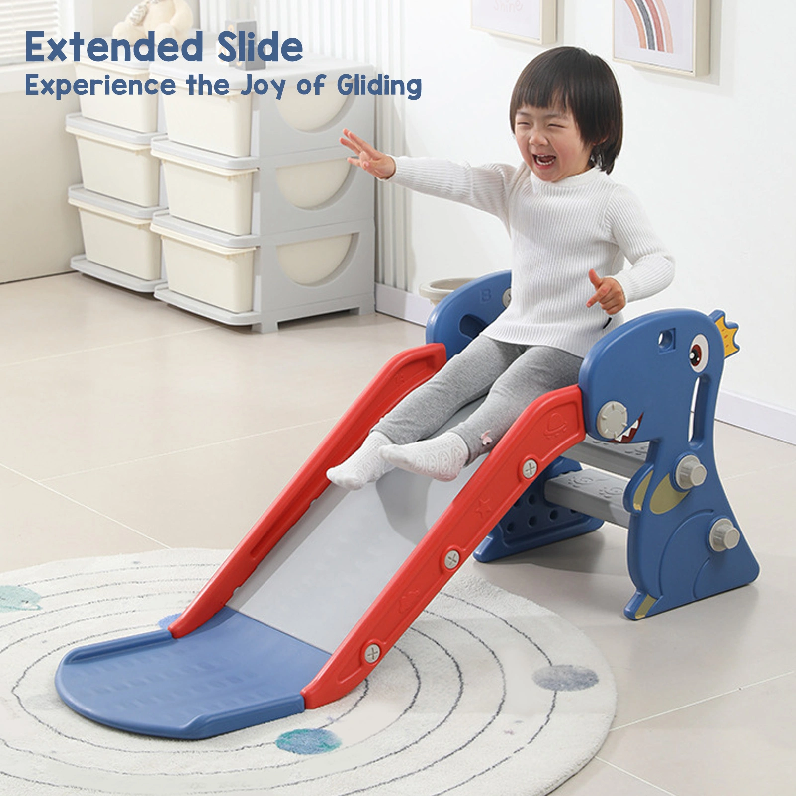 Toddler Indoor Slide, Foldable Dinosaur Slide for Ages 0-3 with Basketball Hoop & Stairs, Easy Assembly, Blue view 2