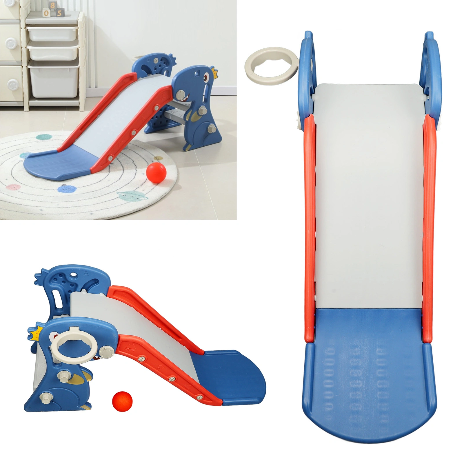 Toddler Indoor Slide, Foldable Dinosaur Slide for Ages 0-3 with Basketball Hoop & Stairs, Easy Assembly, Blue view 4